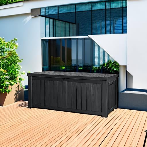 100 Gallon Large Resin Deck Box Waterproof Lockable Outdoor Storage Black