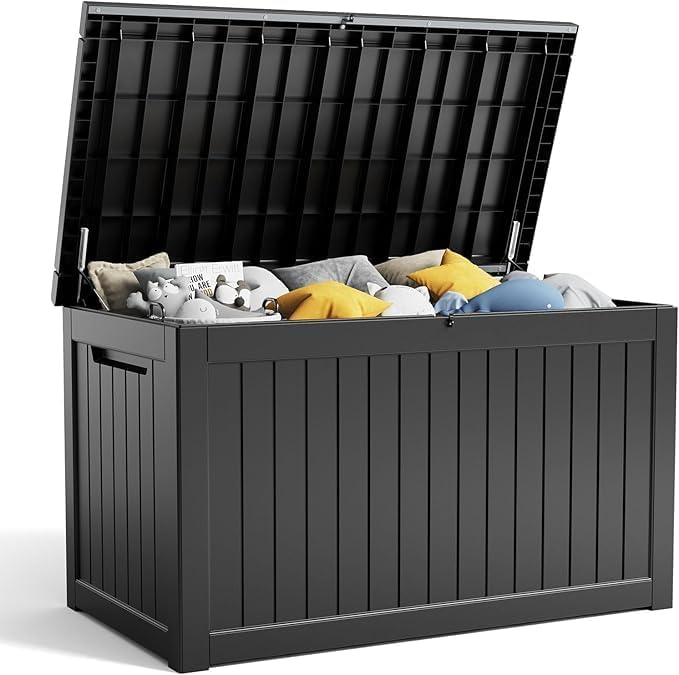 100 Gallon Resin Deck Box Lockable Waterproof Outdoor Storage Black