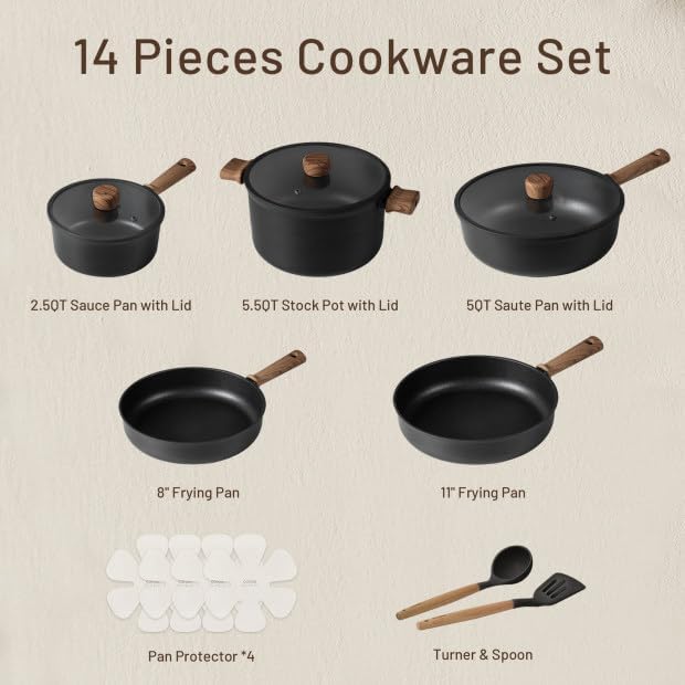 16 Piece Nonstick Pots and Pans Set Induction Compatible Kitchen Cookware