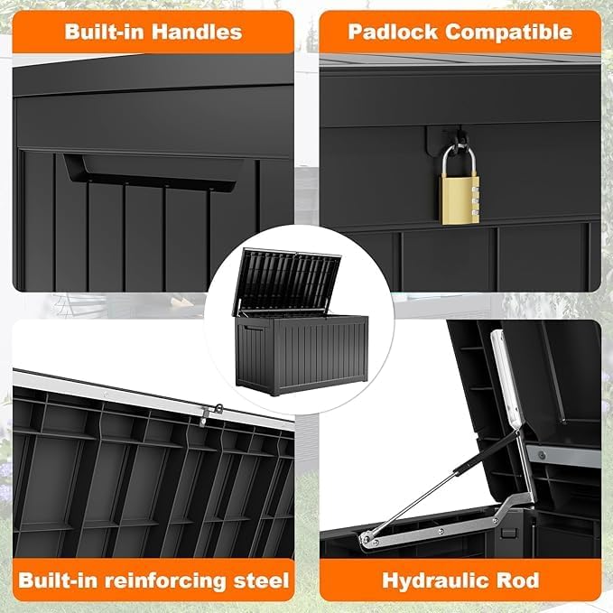 100 Gallon Resin Deck Box Lockable Waterproof Outdoor Storage Black