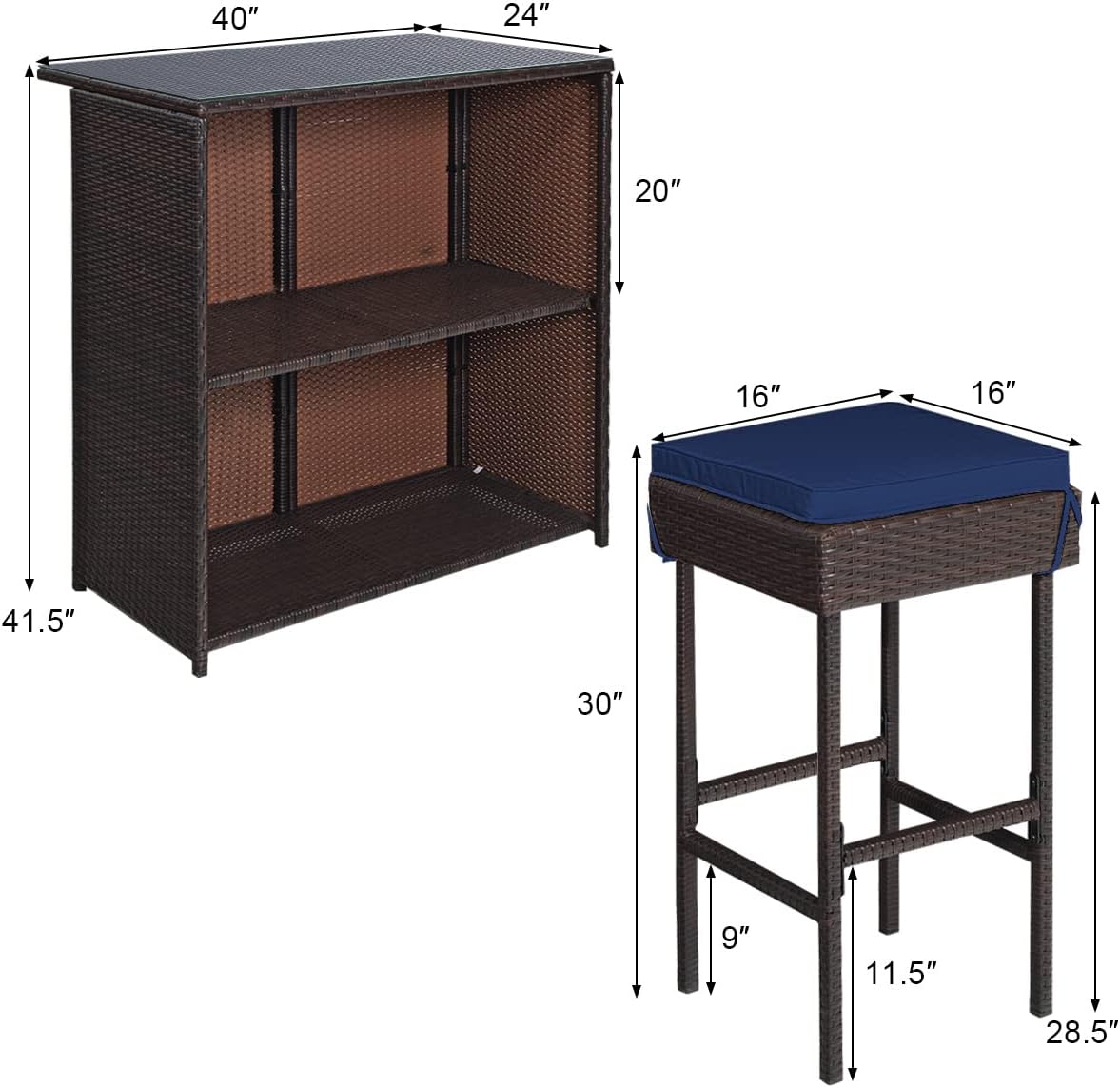 3 Piece Outdoor Rattan Bar Set with Glass Table Stools and Removable Cushions