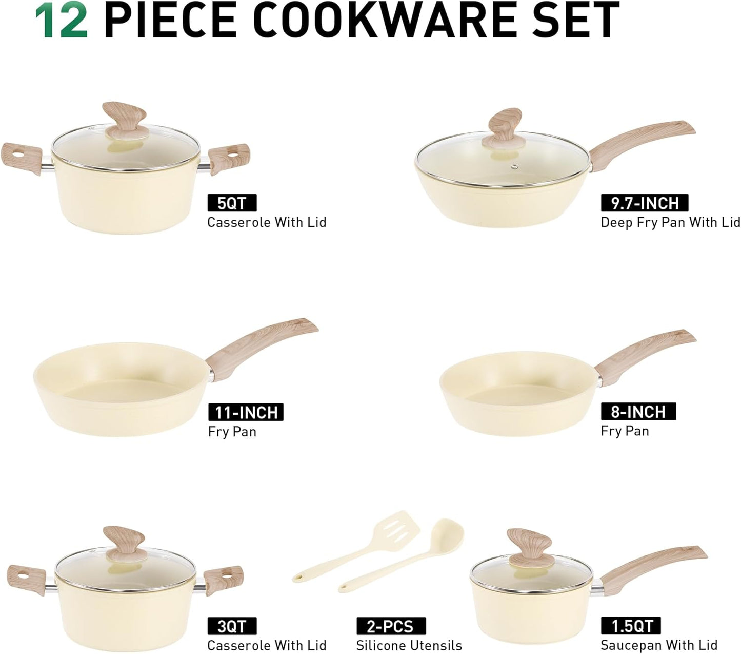 12 Piece Green Granite Nonstick Pots and Pans Set Induction Compatible Cookware