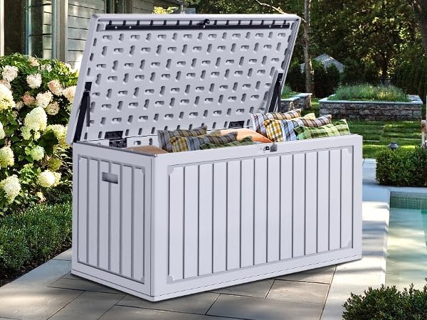 100 Gallon Resin Deck Box Weather Resistant Lockable Outdoor Storage Taupe