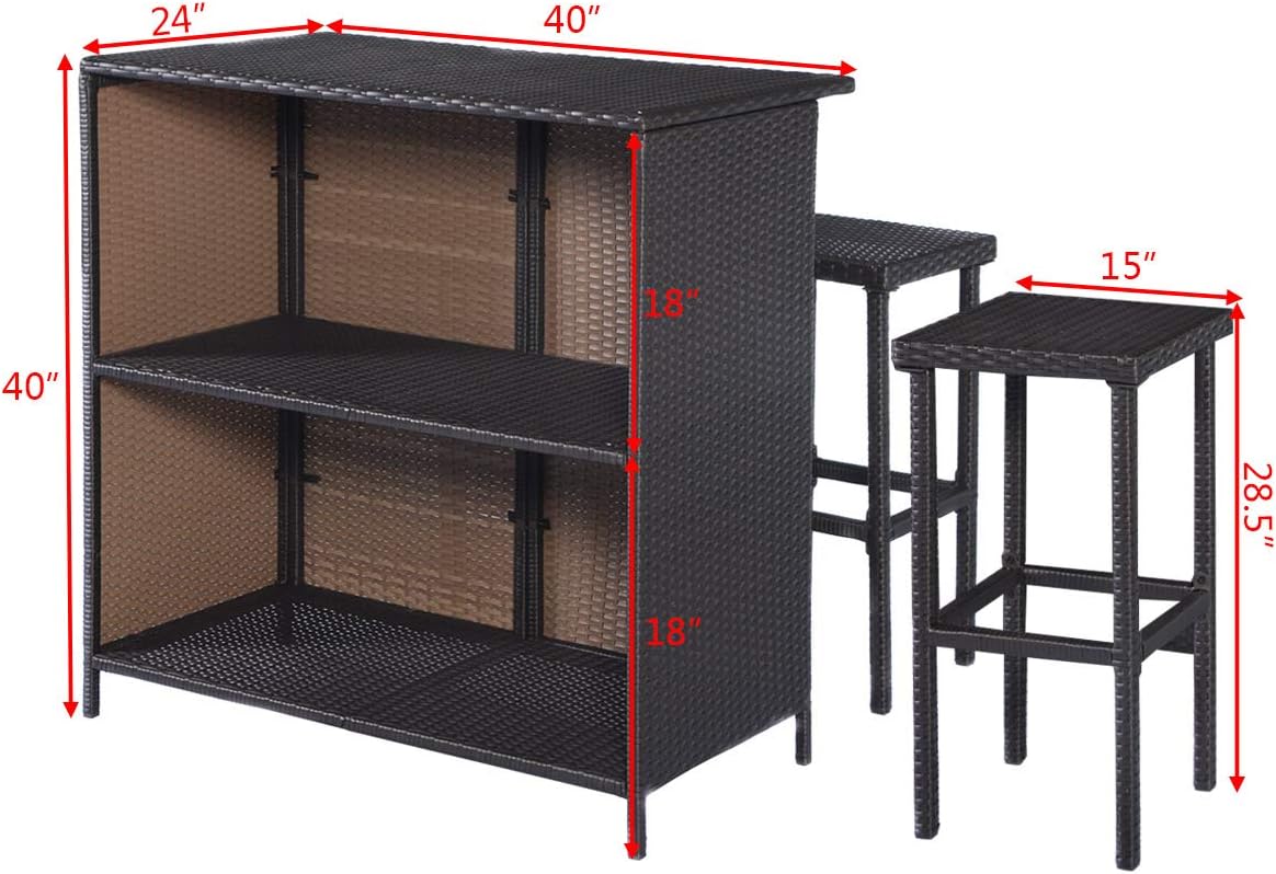 3 Piece Outdoor Rattan Bar Set with Glass Table Stools and Removable Cushions