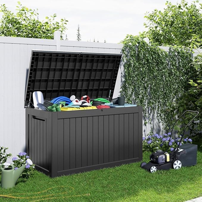 100 Gallon Resin Deck Box Lockable Waterproof Outdoor Storage Black