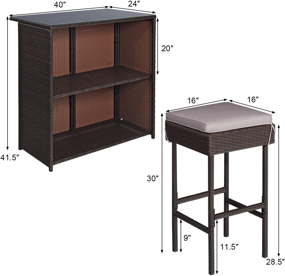 3 Piece Outdoor Rattan Bar Set with Glass Table Stools and Removable Cushions