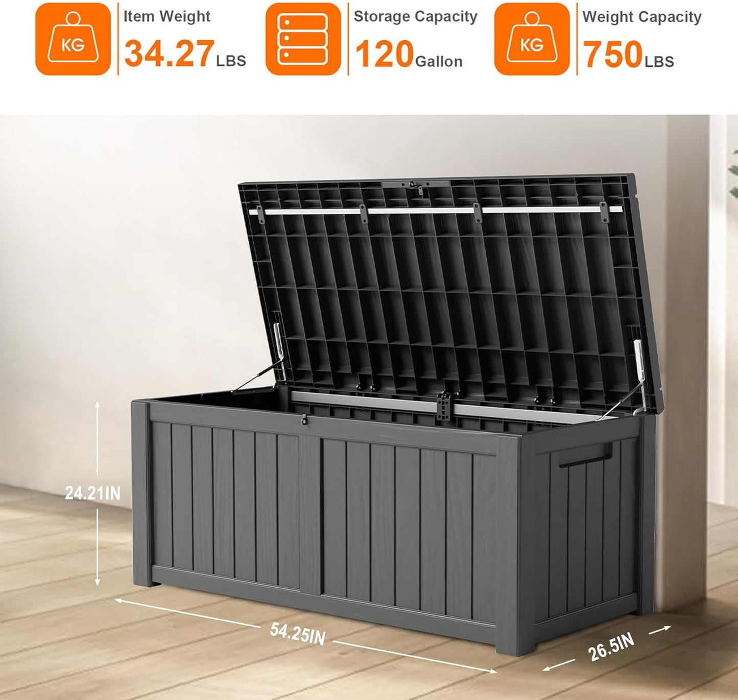 100 Gallon Resin Deck Box Lockable Waterproof Outdoor Storage Black