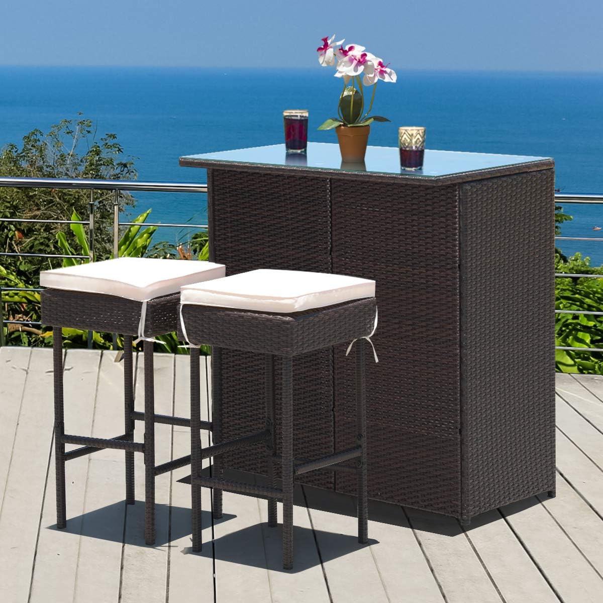 3 Piece Outdoor Rattan Bar Set with Glass Table Stools and Removable Cushions
