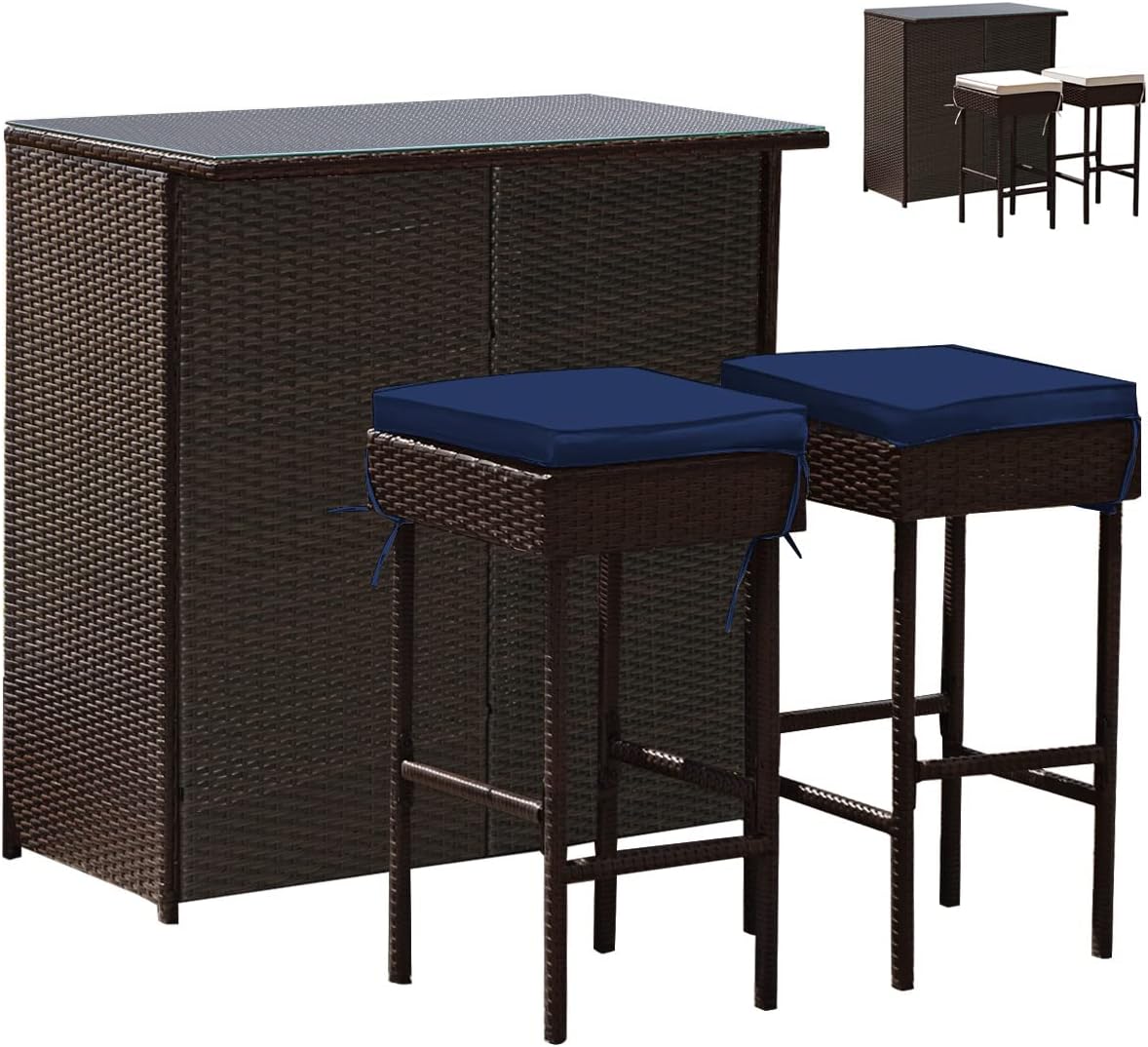 3 Piece Outdoor Rattan Bar Set with Glass Table Stools and Removable Cushions