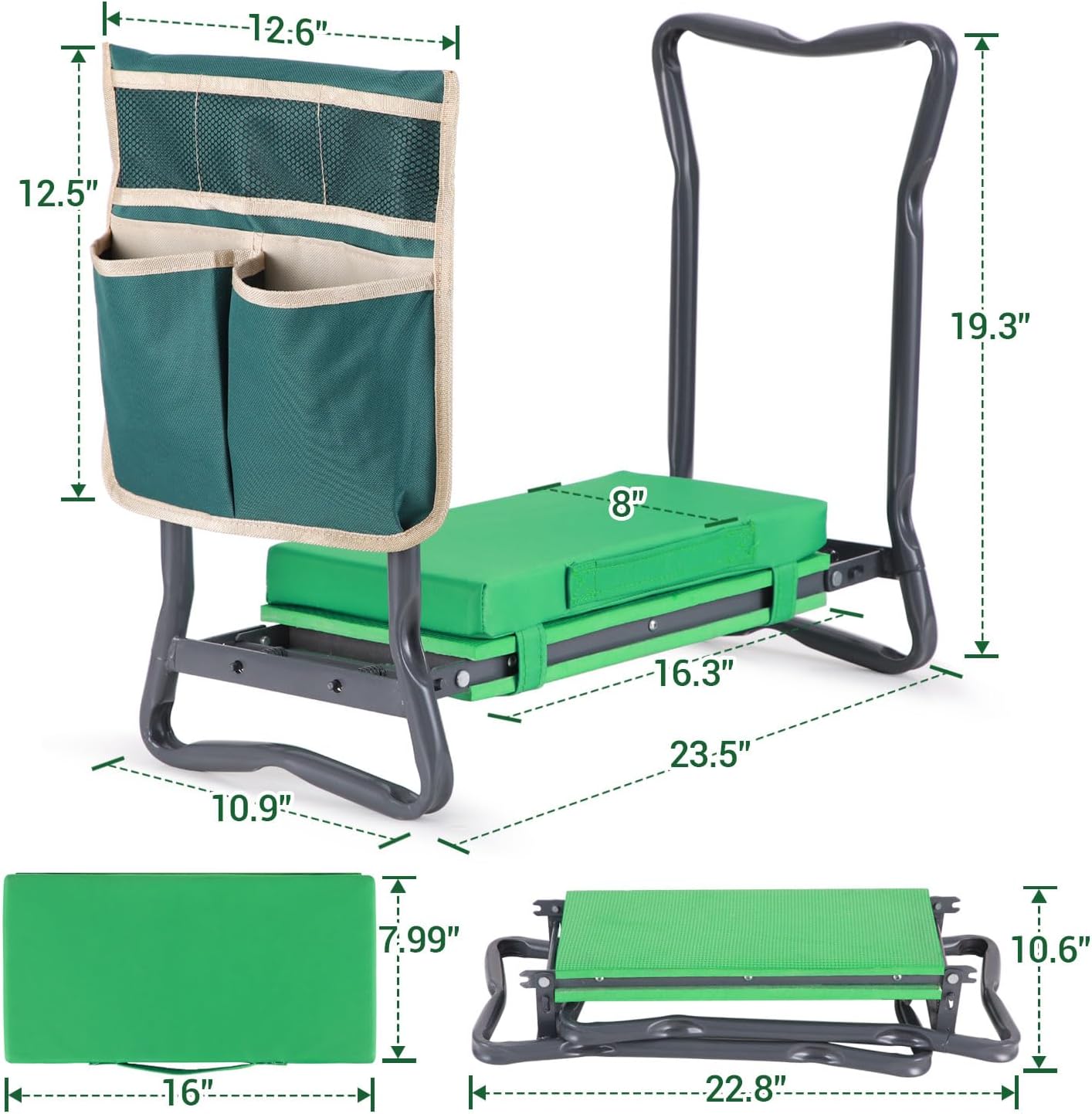 Foldable Heavy Duty Garden Kneeler and Seat with EVA Pad and Tool Pouches