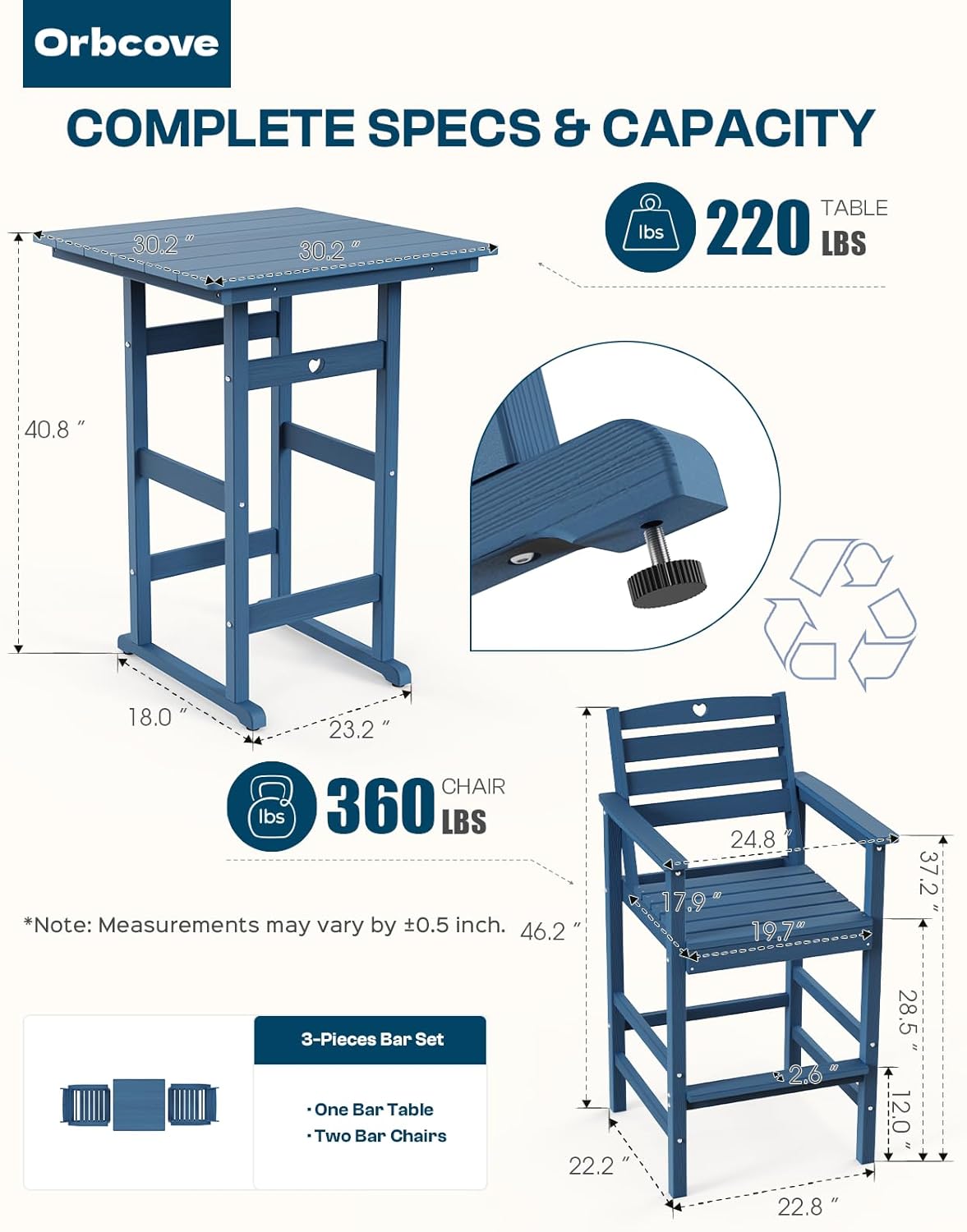 3 Piece Bar Height Patio Table and Chairs Set Weather Resistant HDPE Navy