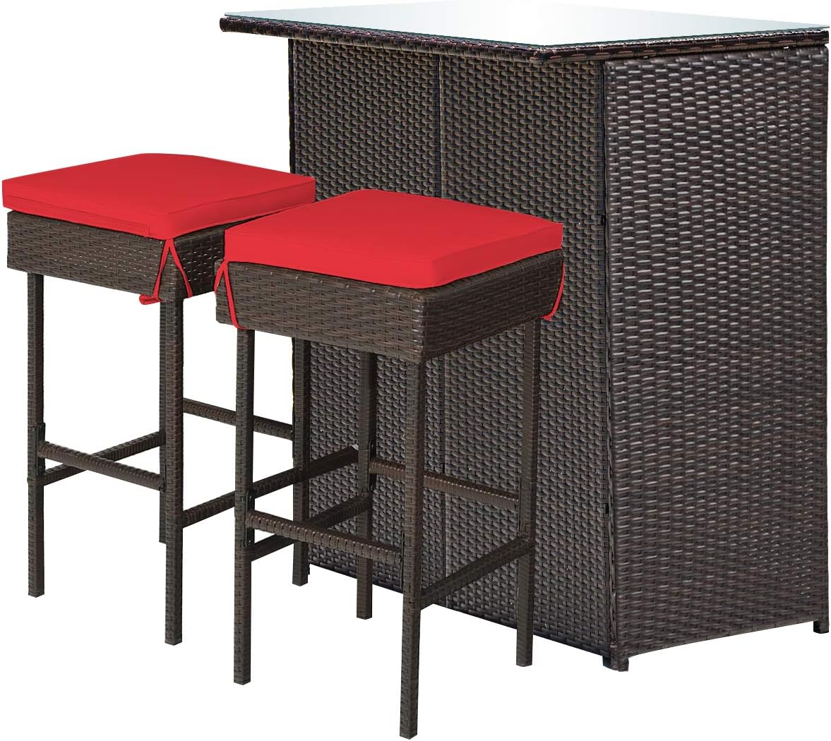 3 Piece Outdoor Rattan Bar Set with Glass Table Stools and Removable Cushions