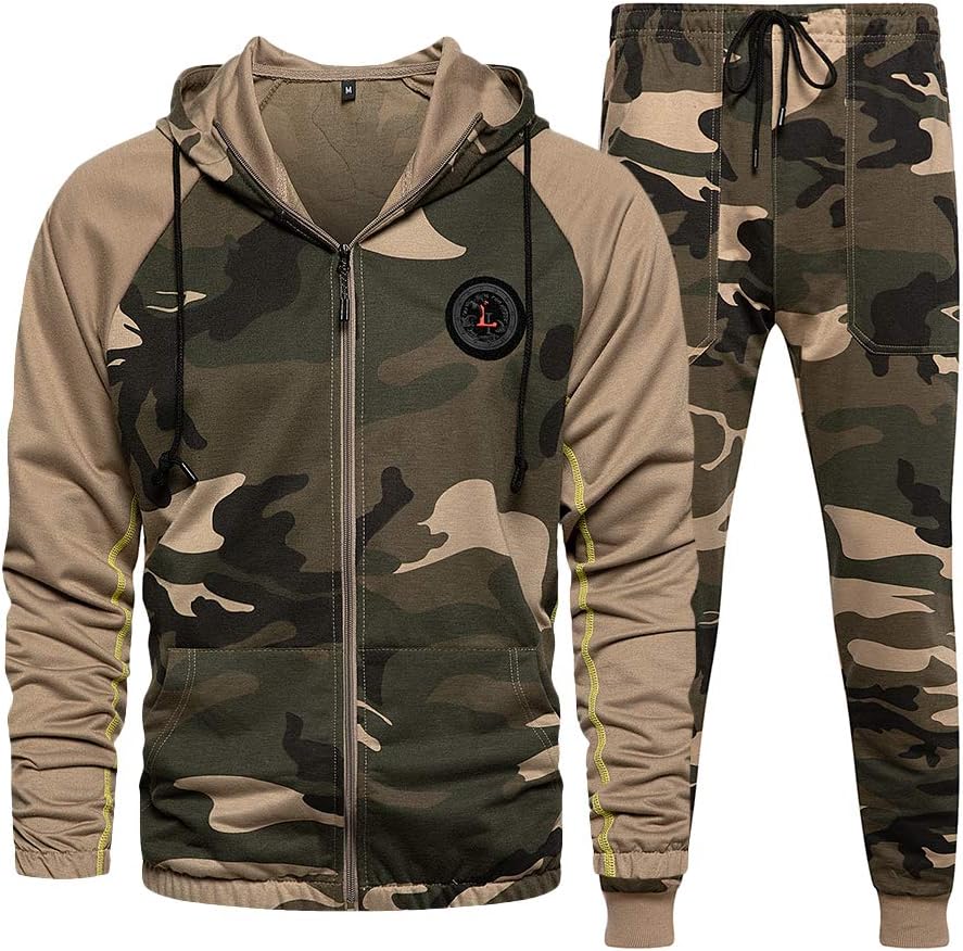 2 Piece Casual Tracksuits Camo Hoodie Jogging Sweatpants Suit