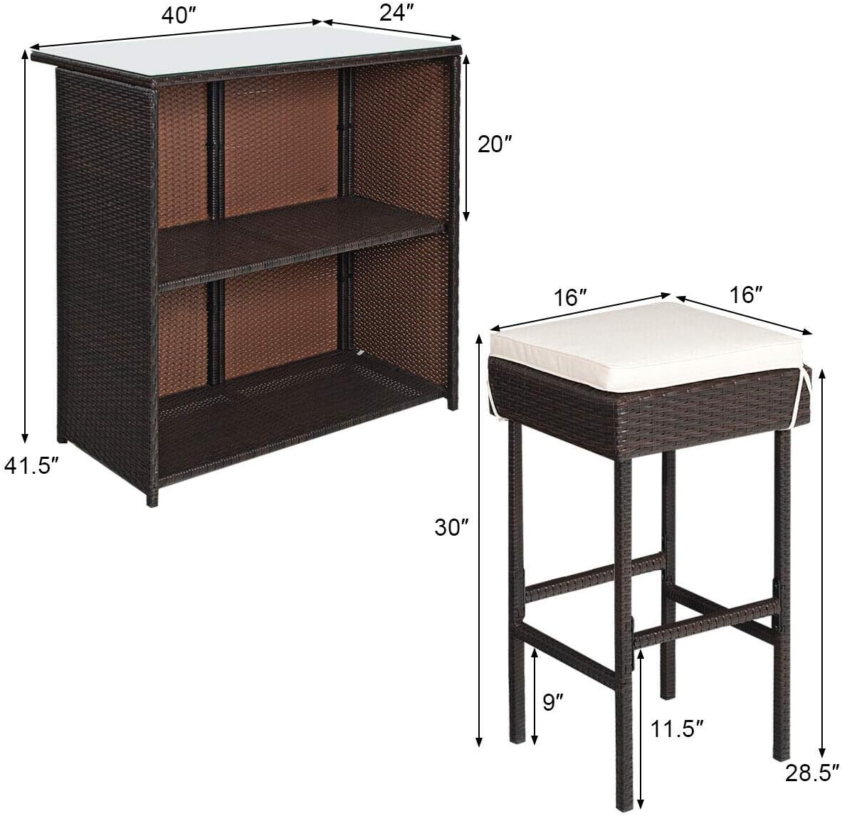 3 Piece Outdoor Rattan Bar Set with Glass Table Stools and Removable Cushions