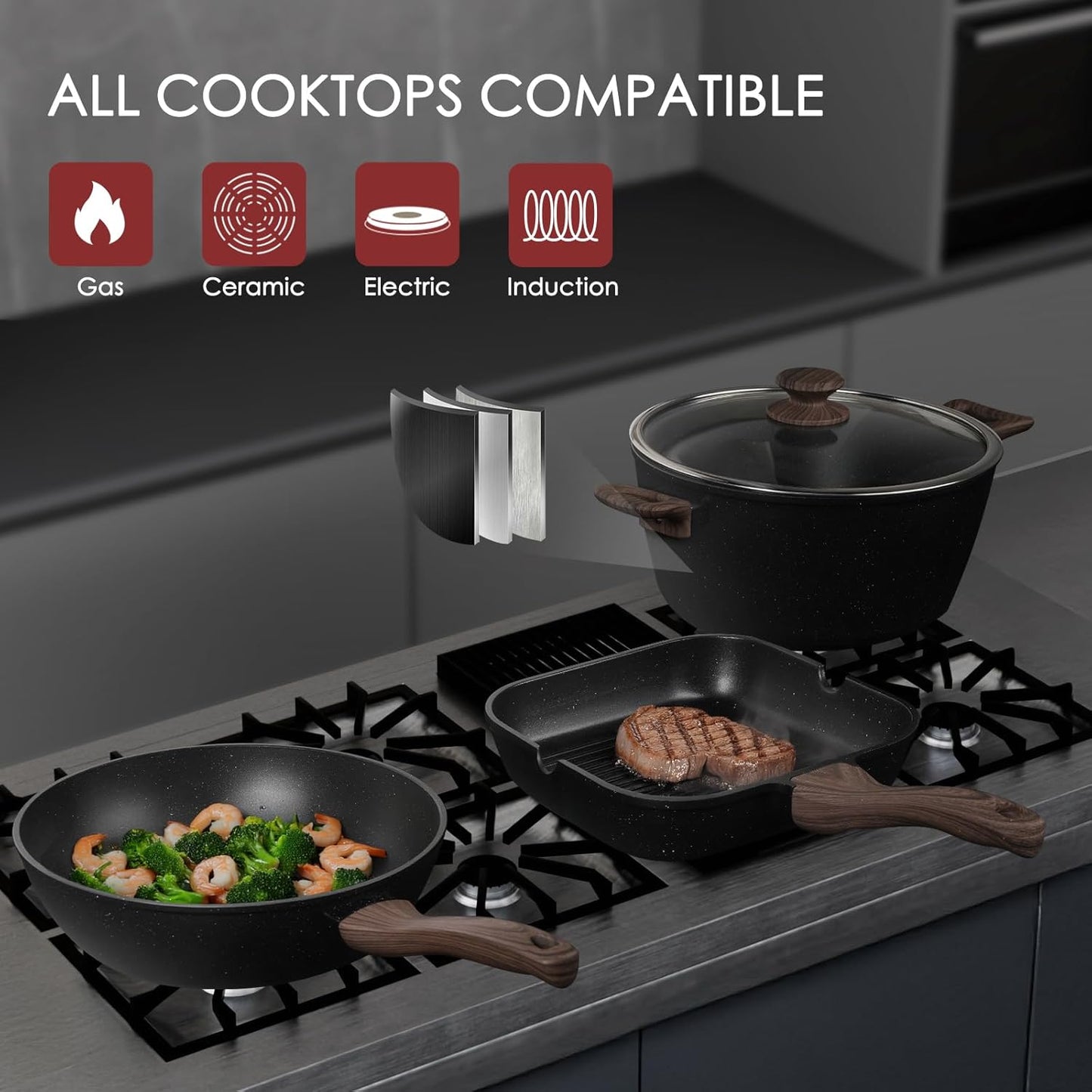 31 Piece Non Stick Pots and Pans Cookware Set with Grill Pan Saucepan and Utensils