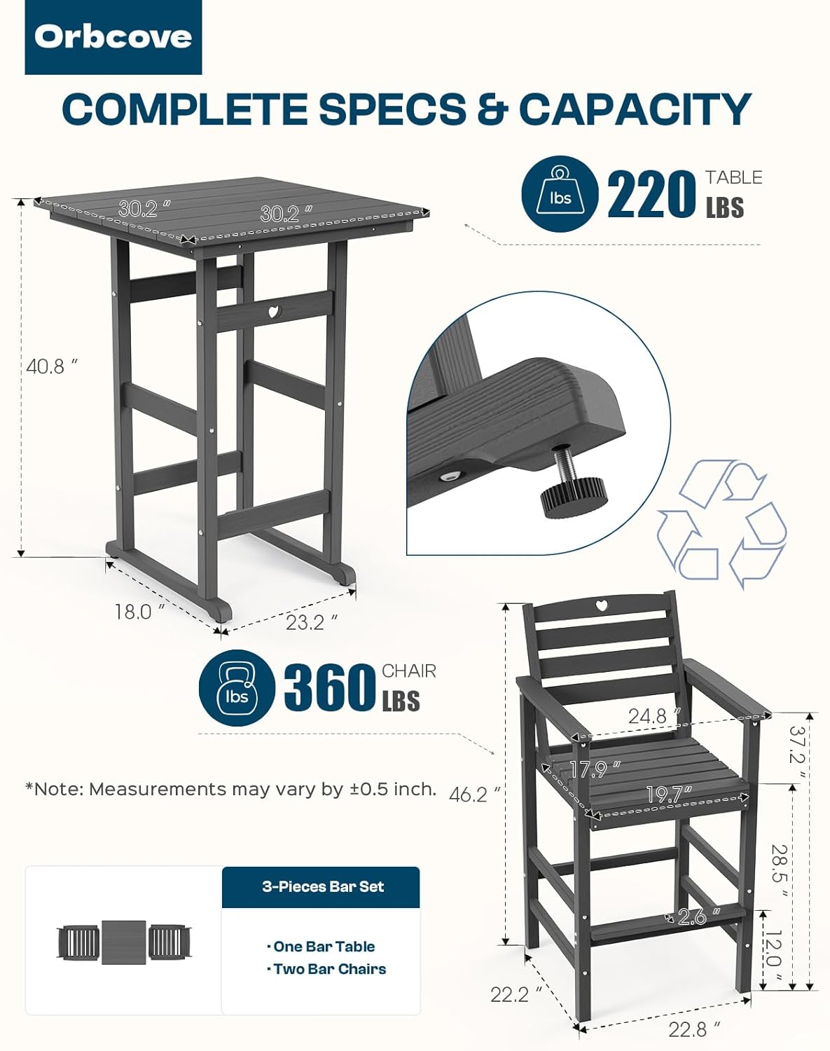 3 Piece Bar Height Patio Table and Chairs Set Weather Resistant HDPE Navy