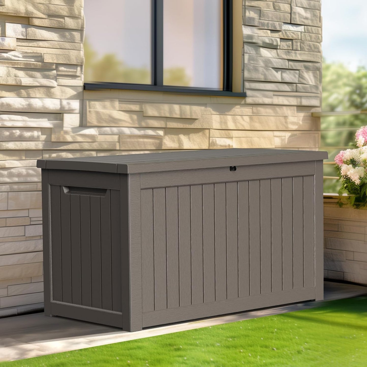100 Gallon Resin Deck Box Lockable Waterproof Outdoor Storage Black