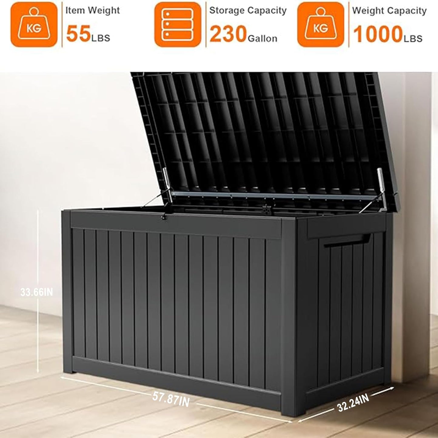 100 Gallon Resin Deck Box Lockable Waterproof Outdoor Storage Black