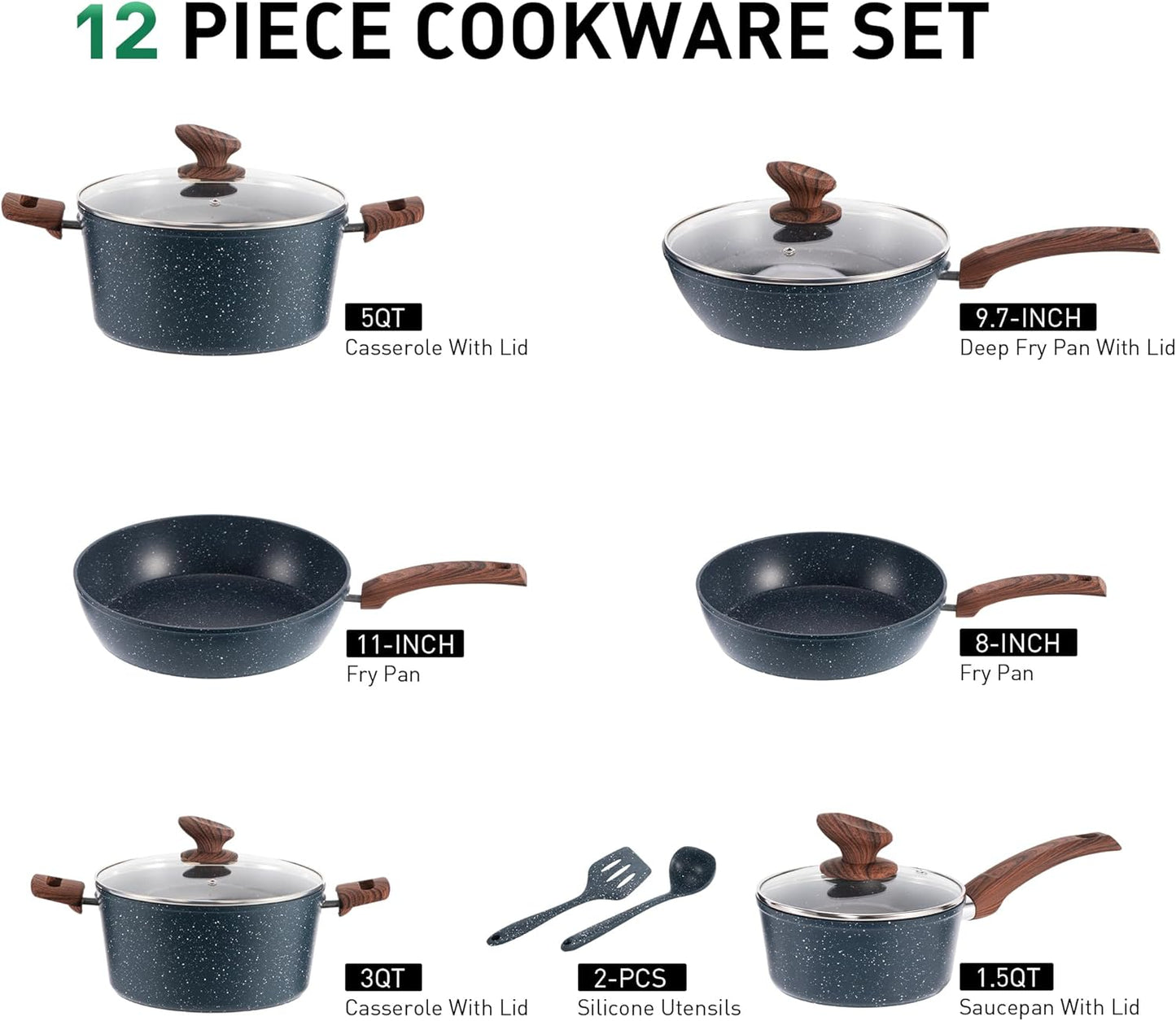 12 Piece Green Granite Nonstick Pots and Pans Set Induction Compatible Cookware