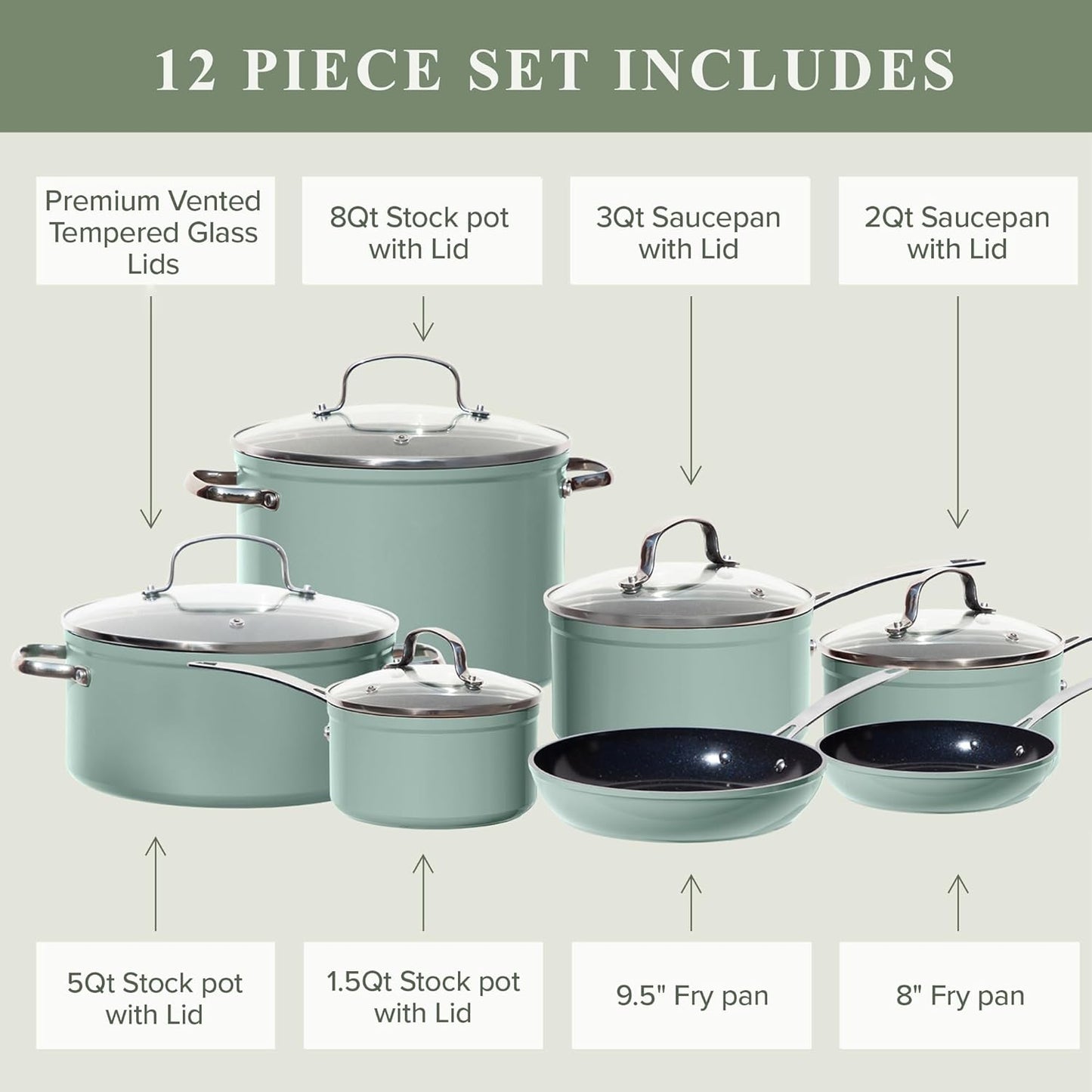 Duralon Blue Ceramic Nonstick Cookware Set Diamond Infused PFAS Free