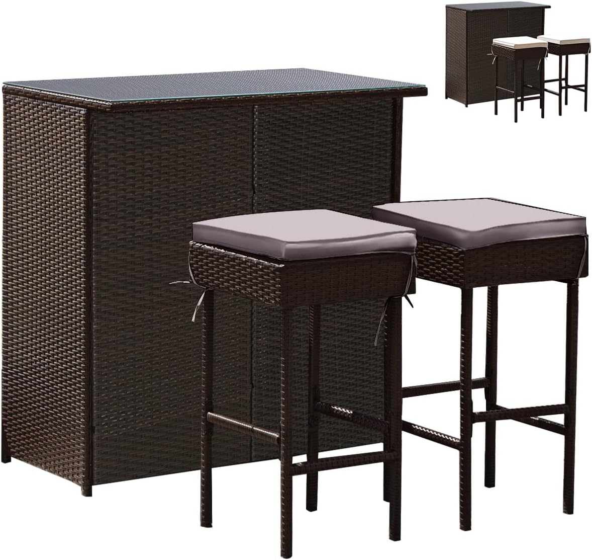 3 Piece Outdoor Rattan Bar Set with Glass Table Stools and Removable Cushions