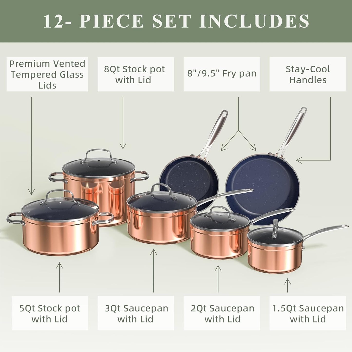 Duralon Blue Ceramic Nonstick Cookware Set Diamond Infused PFAS Free