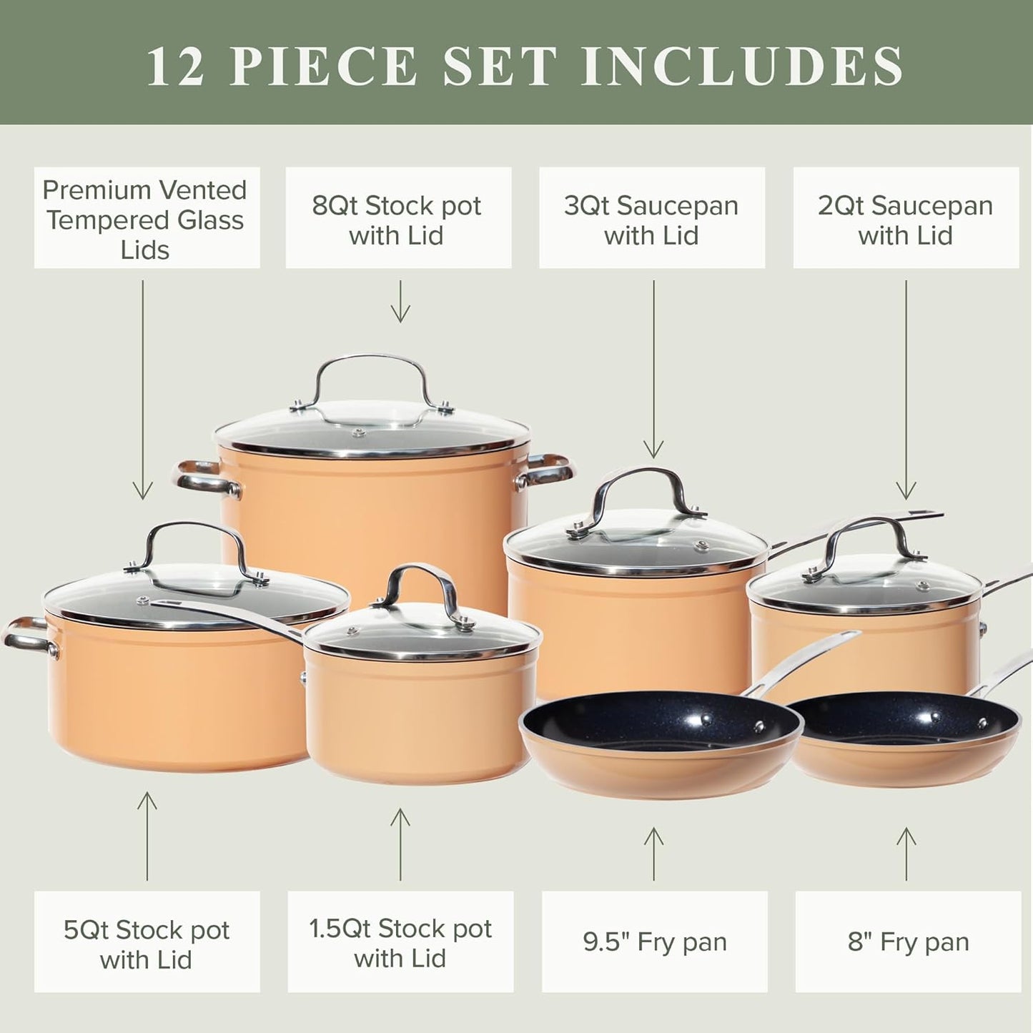Duralon Blue Ceramic Nonstick Cookware Set Diamond Infused PFAS Free