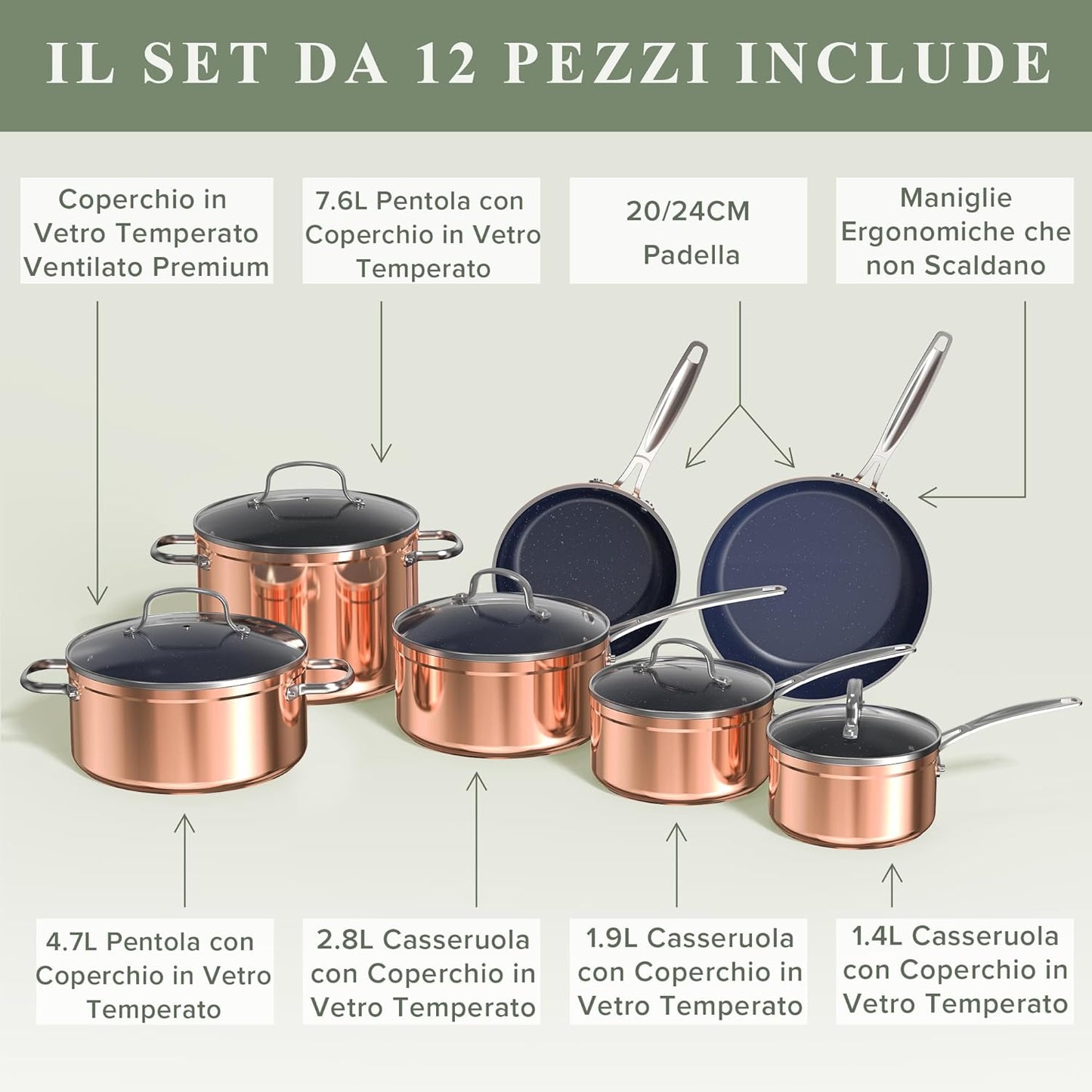 Duralon Blue Ceramic Nonstick Cookware Set Diamond Infused PFAS Free