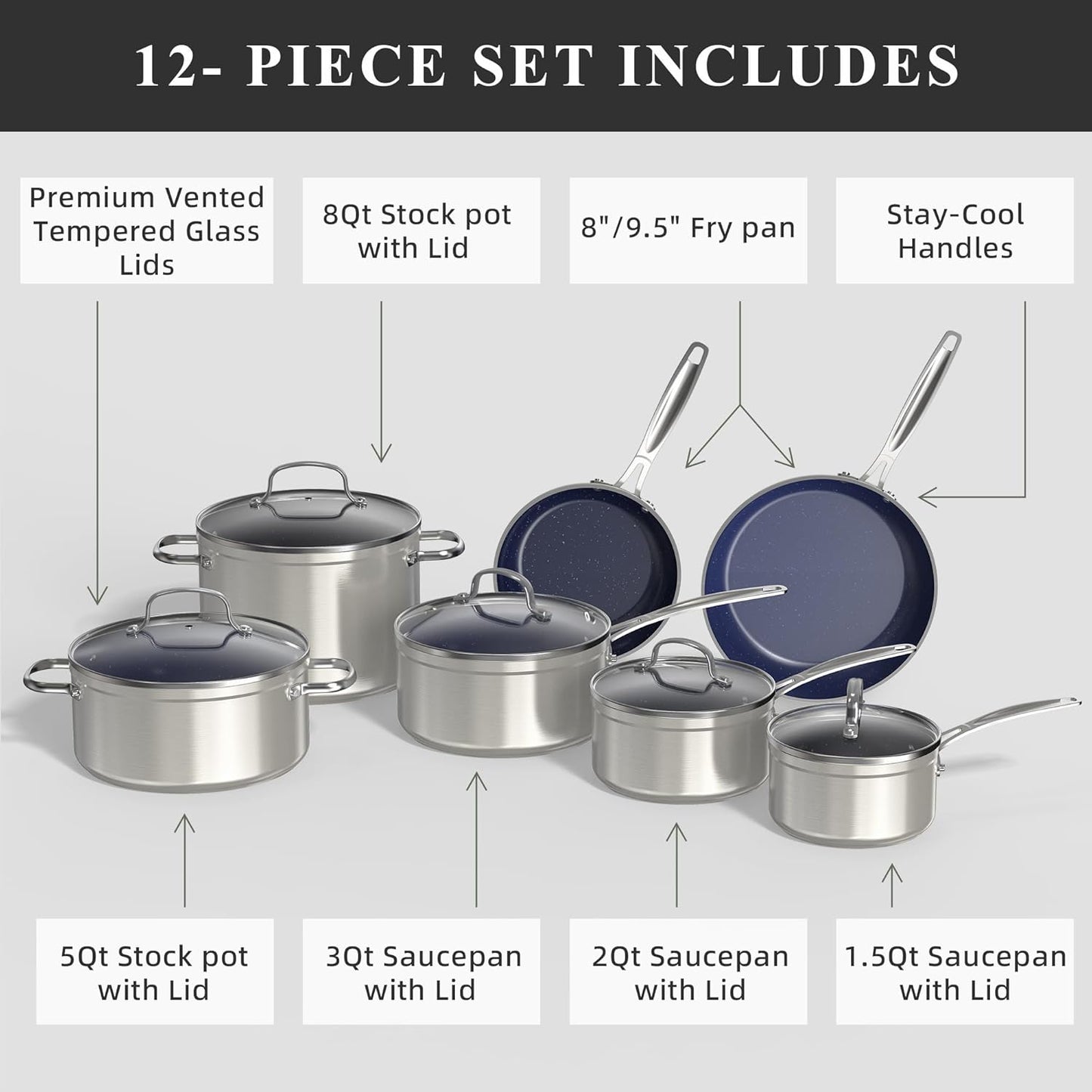 Duralon Blue Ceramic Nonstick Cookware Set Diamond Infused PFAS Free