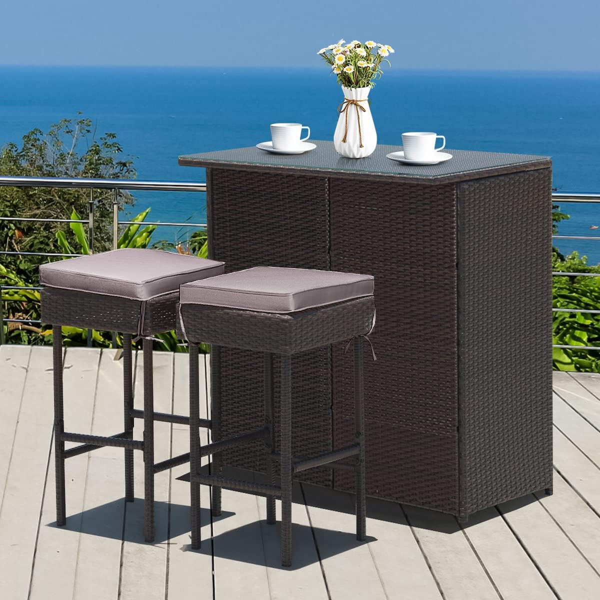 3 Piece Outdoor Rattan Bar Set with Glass Table Stools and Removable Cushions
