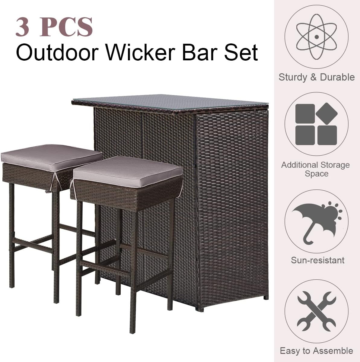 3 Piece Outdoor Rattan Bar Set with Glass Table Stools and Removable Cushions