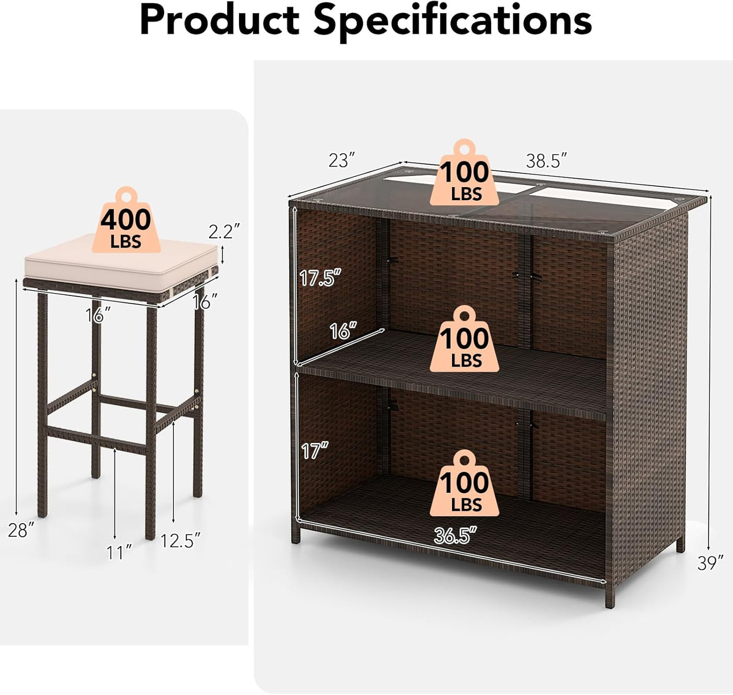 3 Piece Outdoor Rattan Bar Set with Glass Table Stools and Removable Cushions