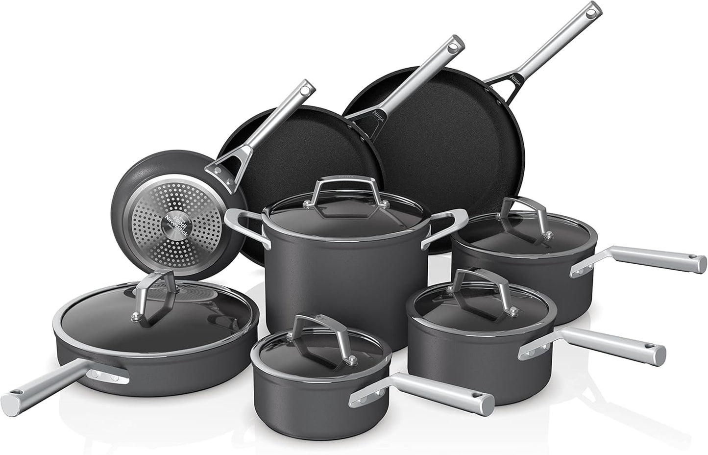 13 Piece Foodi NeverStick Hard Anodized Nonstick Cookware Set Oven Safe Grey