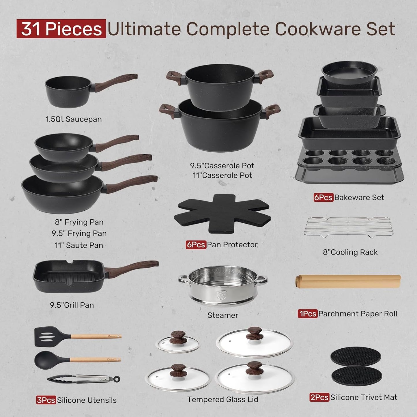 31 Piece Non Stick Pots and Pans Cookware Set with Grill Pan Saucepan and Utensils
