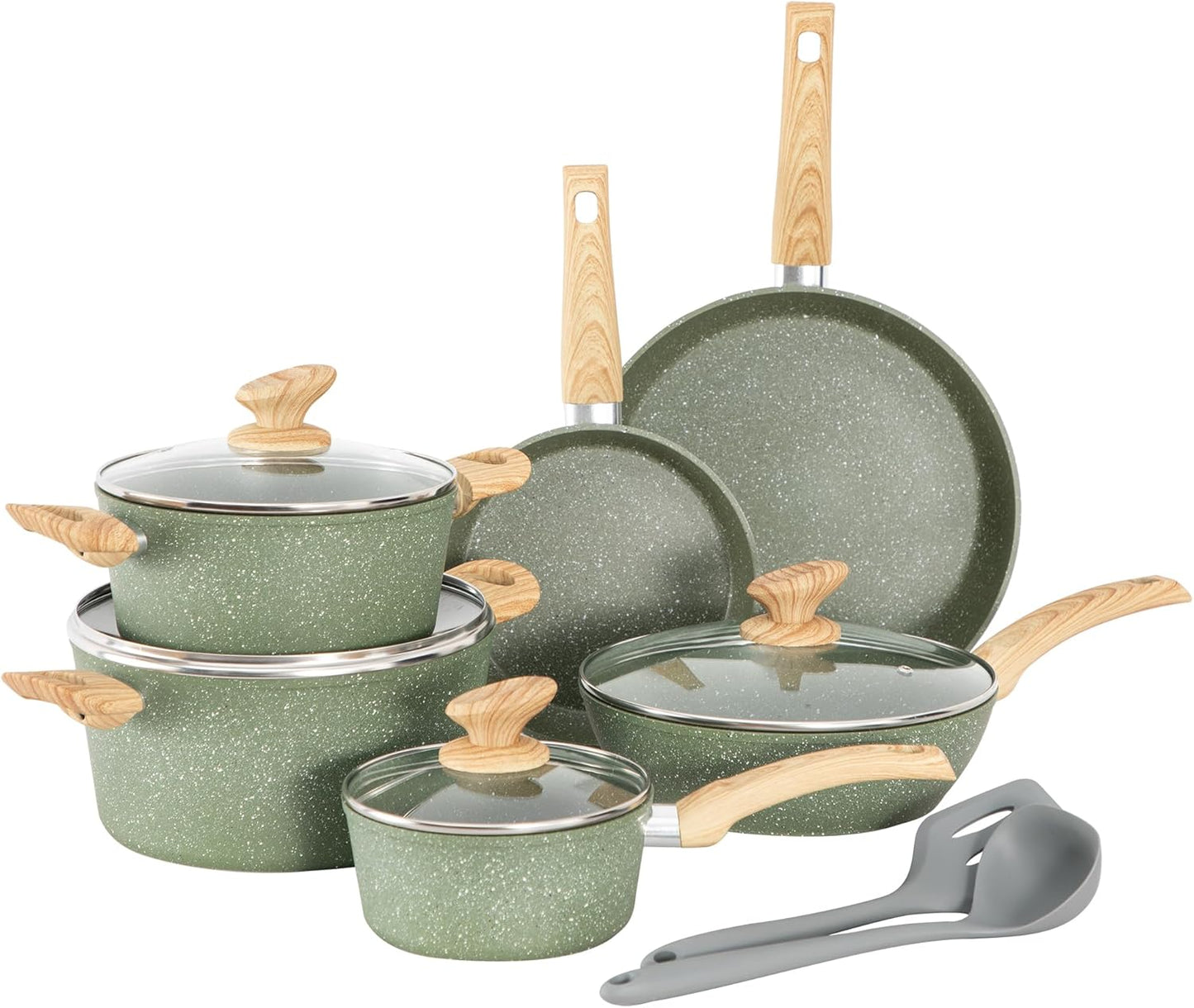 12 Piece Green Granite Nonstick Pots and Pans Set Induction Compatible Cookware