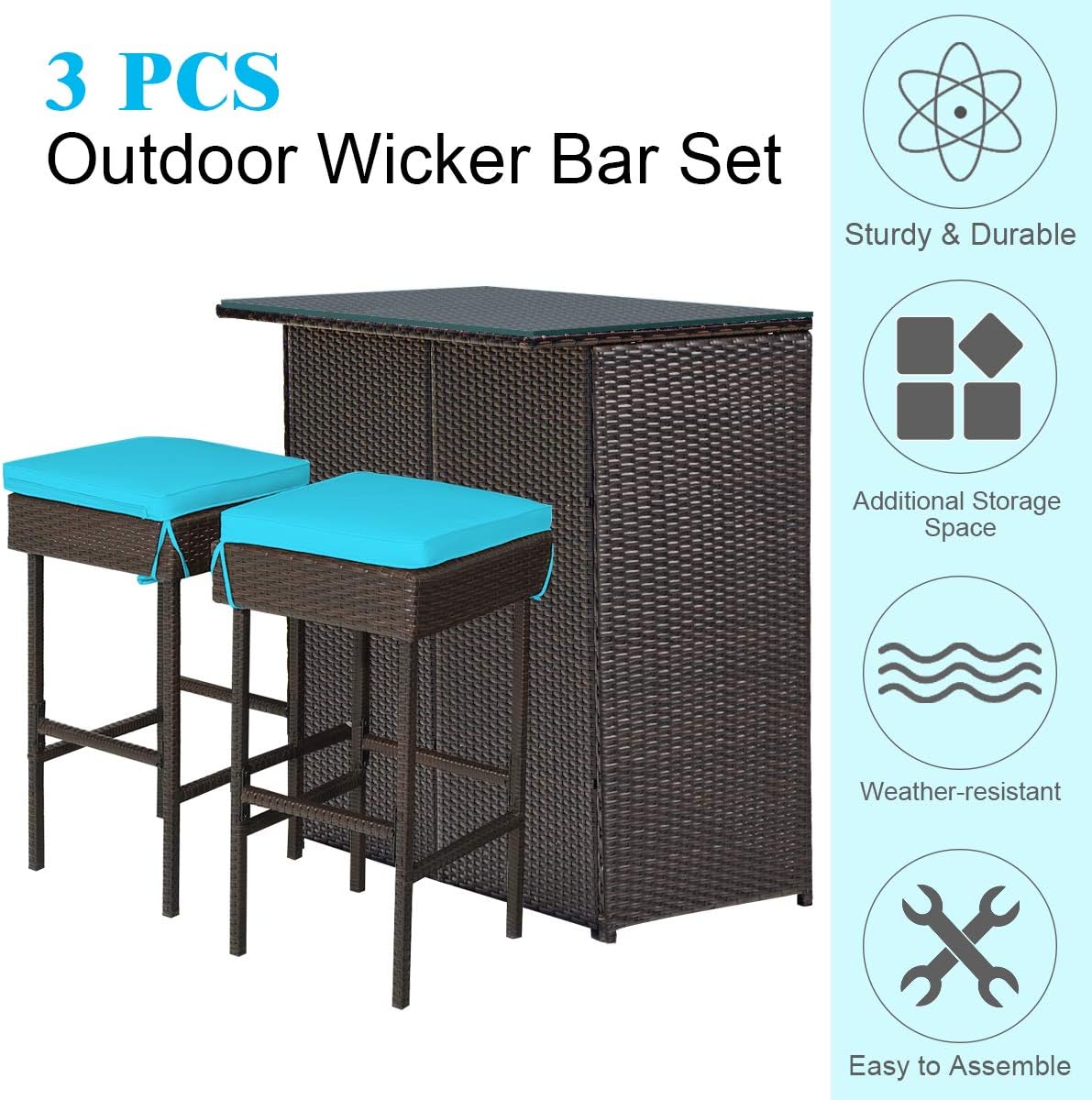 3 Piece Outdoor Rattan Bar Set with Glass Table Stools and Removable Cushions