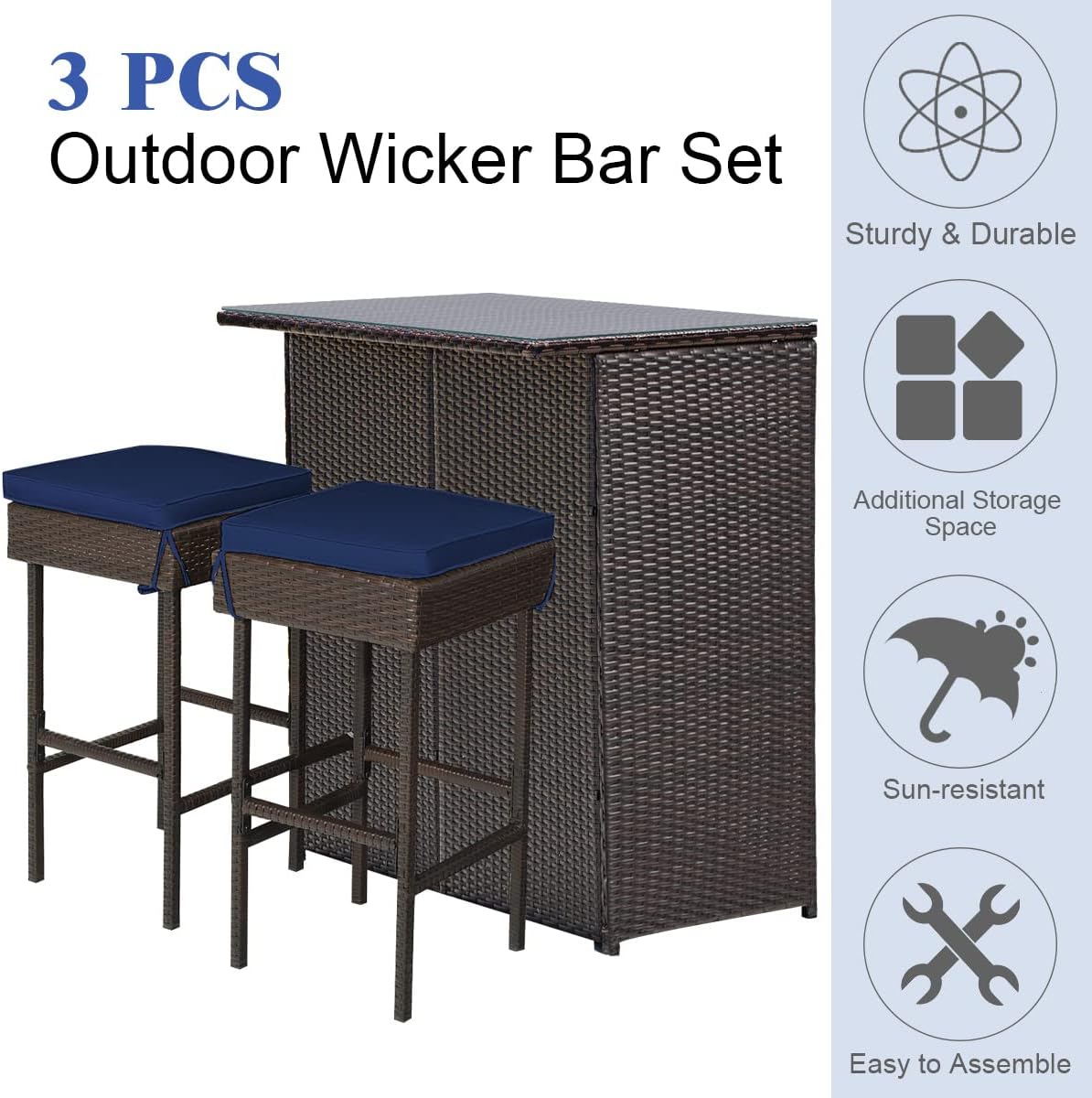 3 Piece Outdoor Rattan Bar Set with Glass Table Stools and Removable Cushions