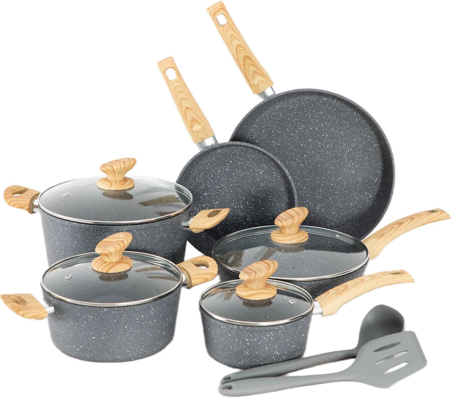 12 Piece Green Granite Nonstick Pots and Pans Set Induction Compatible Cookware