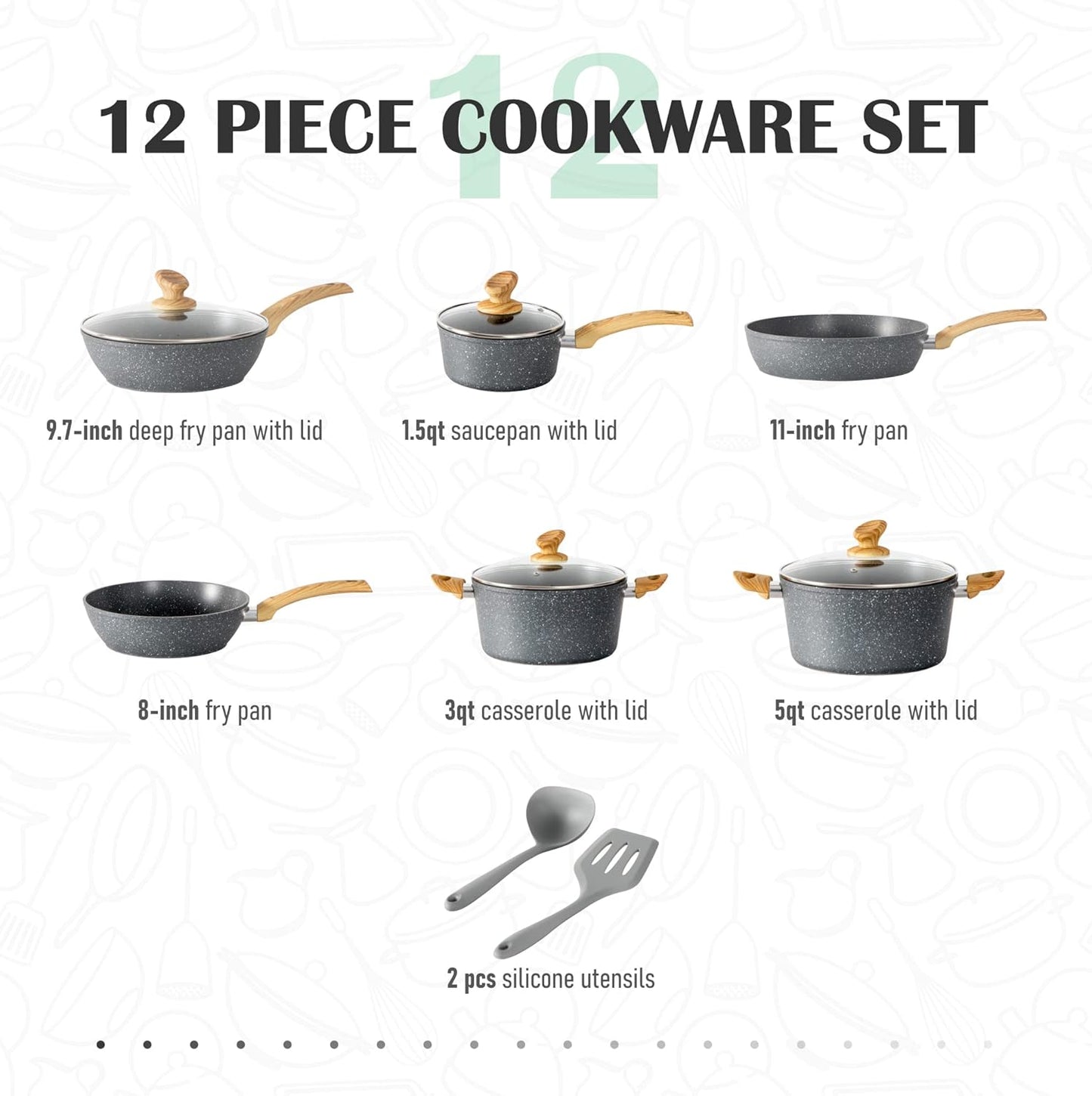 12 Piece Green Granite Nonstick Pots and Pans Set Induction Compatible Cookware