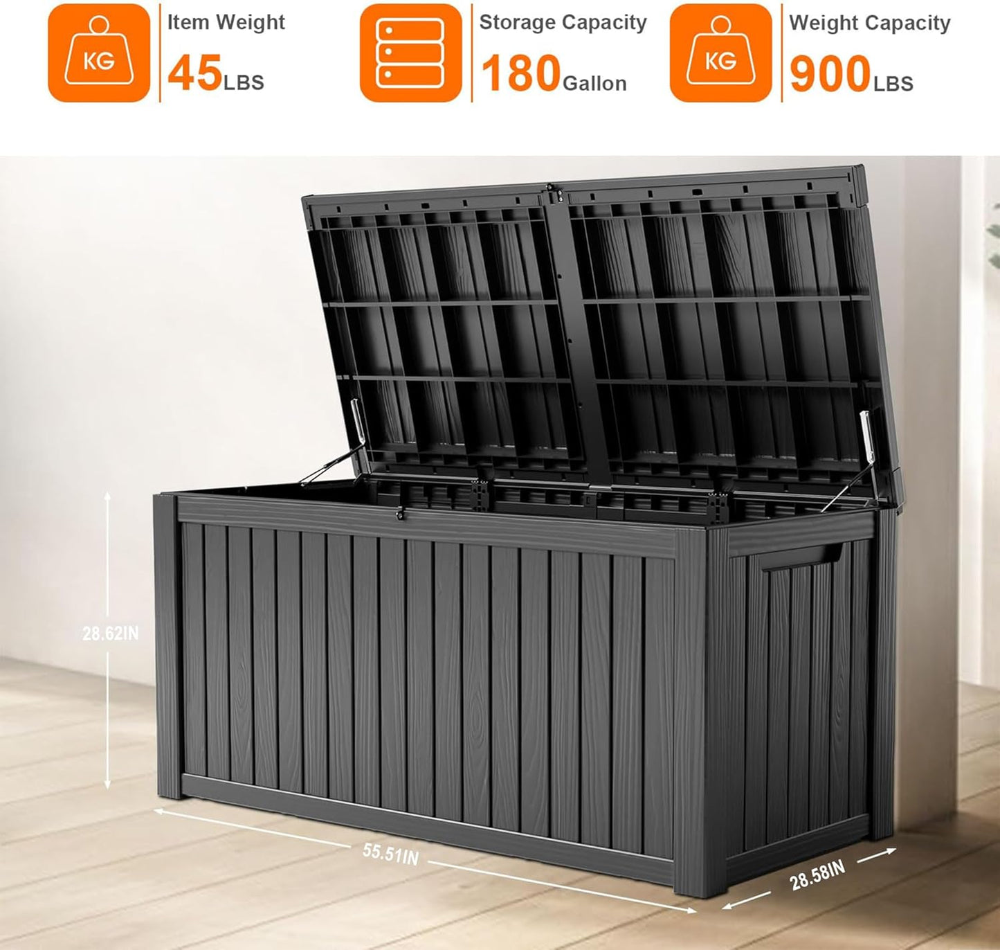 100 Gallon Resin Deck Box Lockable Waterproof Outdoor Storage Black
