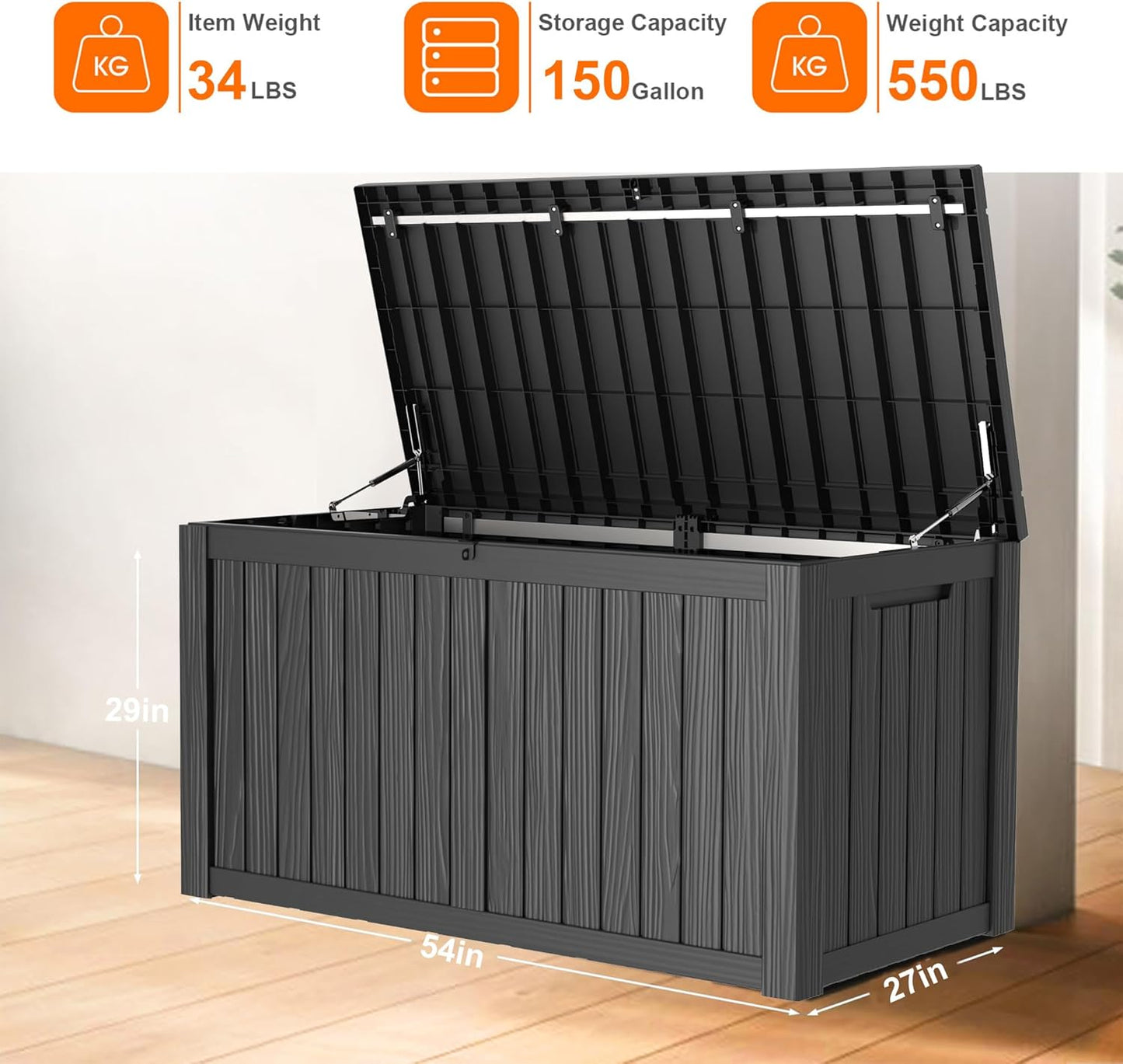 100 Gallon Resin Deck Box Lockable Waterproof Outdoor Storage Black