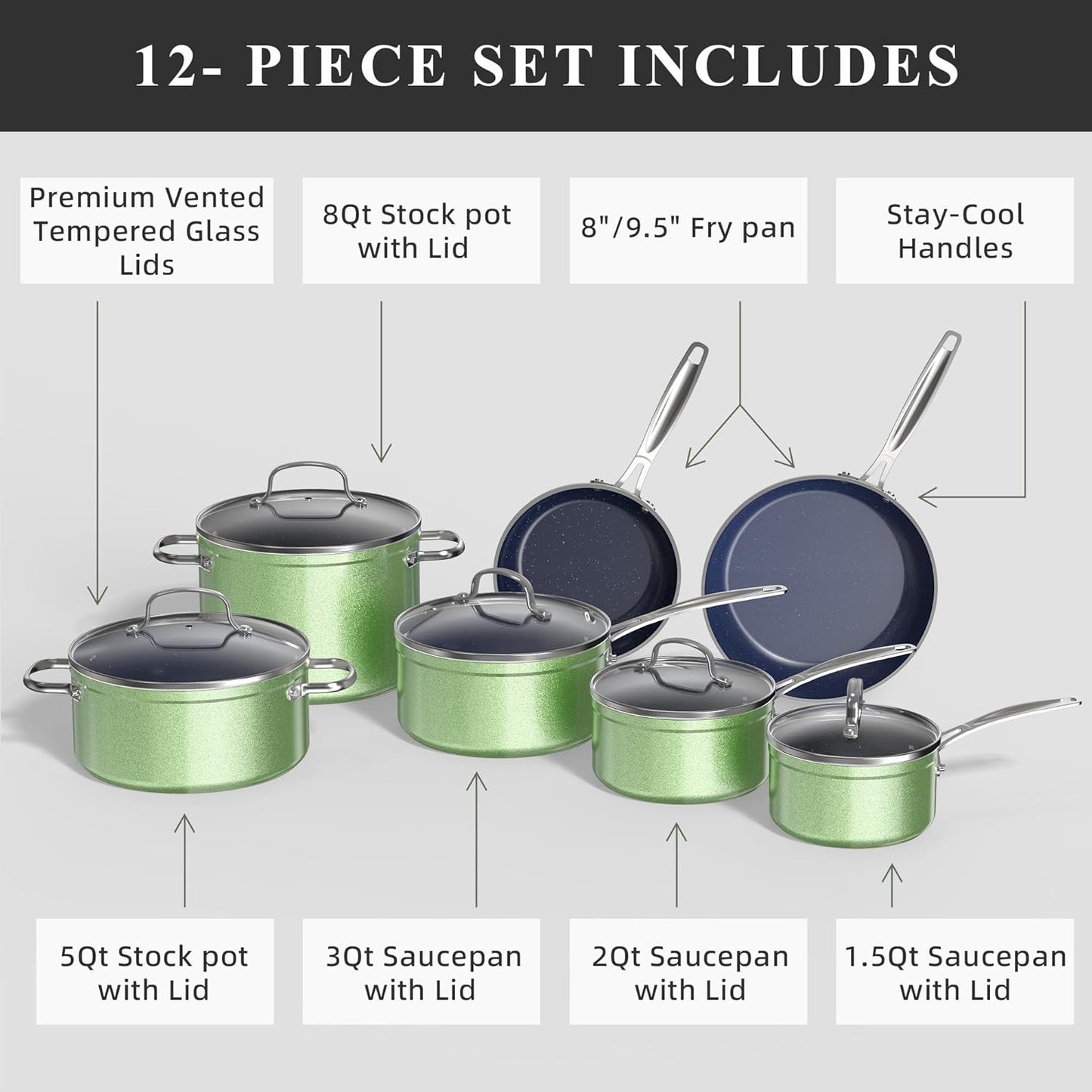 Duralon Blue Ceramic Nonstick Cookware Set Diamond Infused PFAS Free