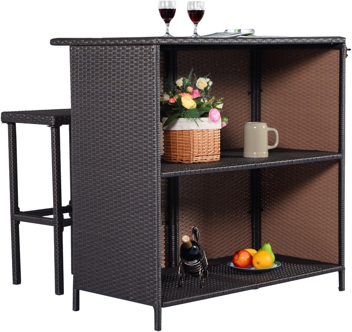 3 Piece Outdoor Rattan Bar Set with Glass Table Stools and Removable Cushions