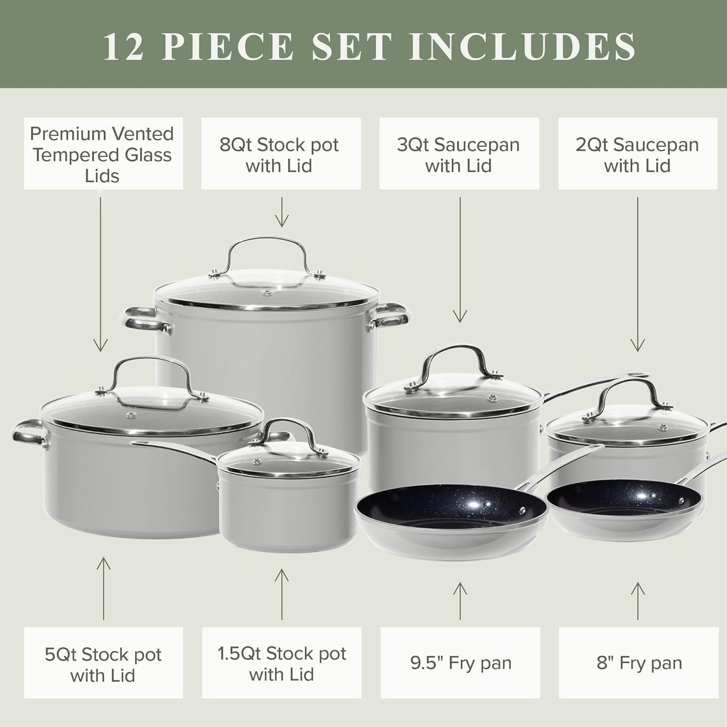 Duralon Blue Ceramic Nonstick Cookware Set Diamond Infused PFAS Free