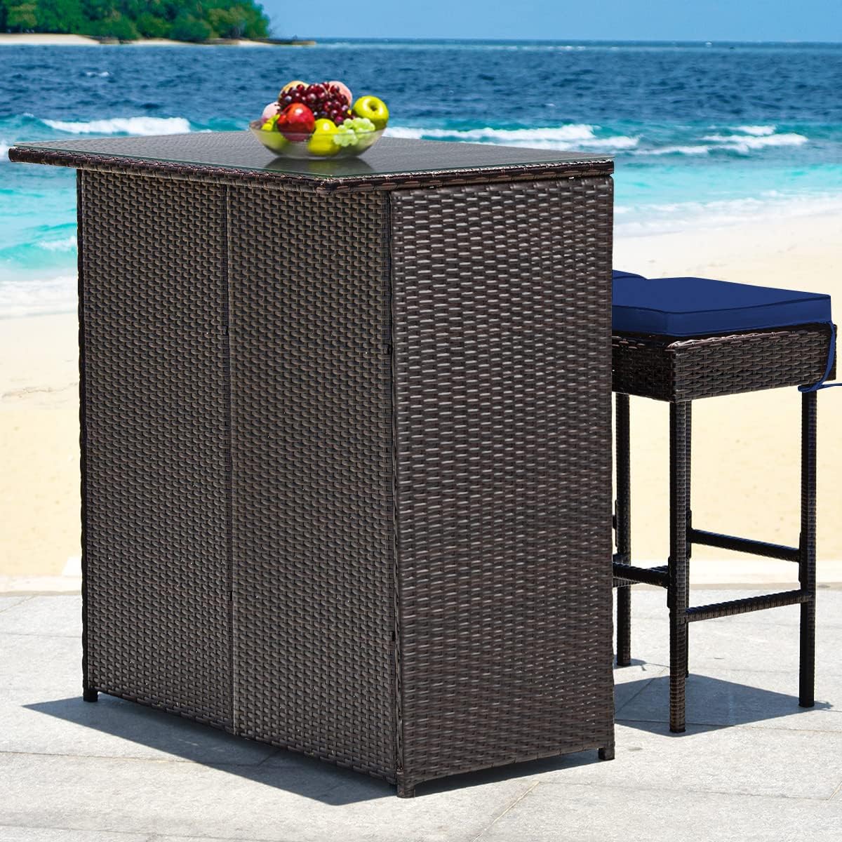3 Piece Outdoor Rattan Bar Set with Glass Table Stools and Removable Cushions