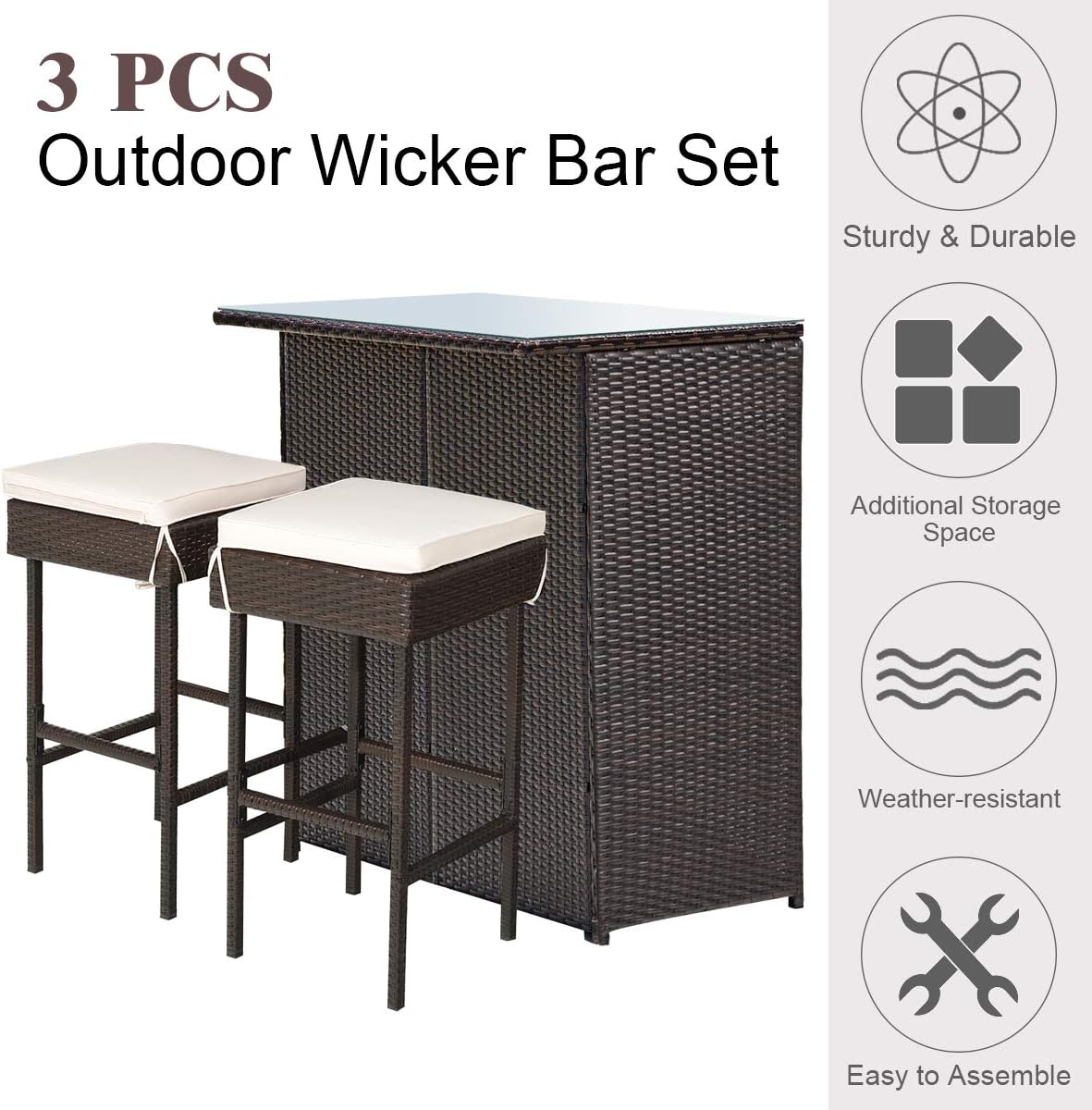 3 Piece Outdoor Rattan Bar Set with Glass Table Stools and Removable Cushions