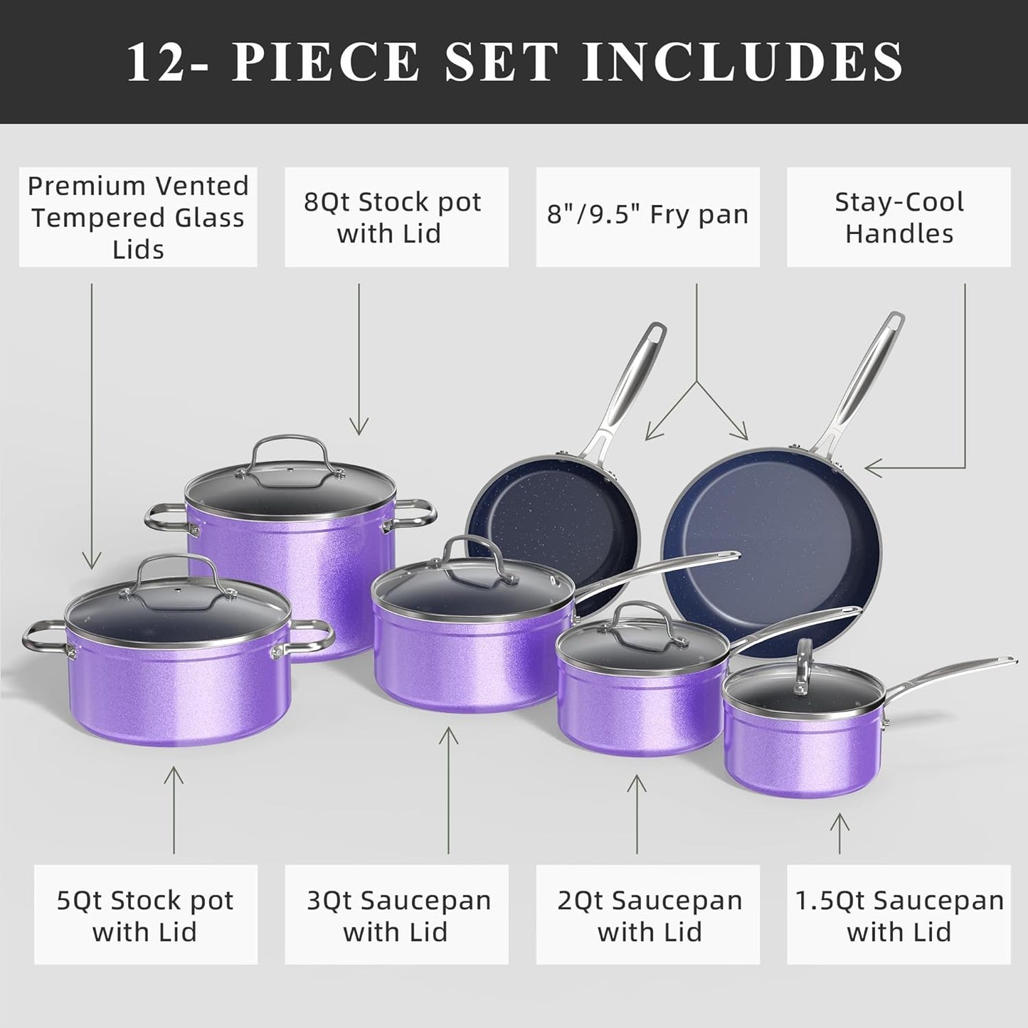 Duralon Blue Ceramic Nonstick Cookware Set Diamond Infused PFAS Free