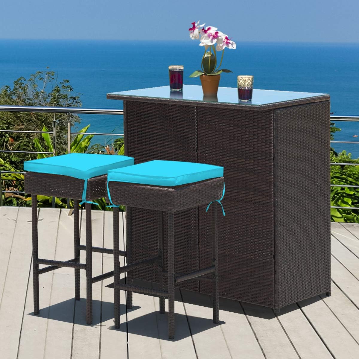 3 Piece Outdoor Rattan Bar Set with Glass Table Stools and Removable Cushions