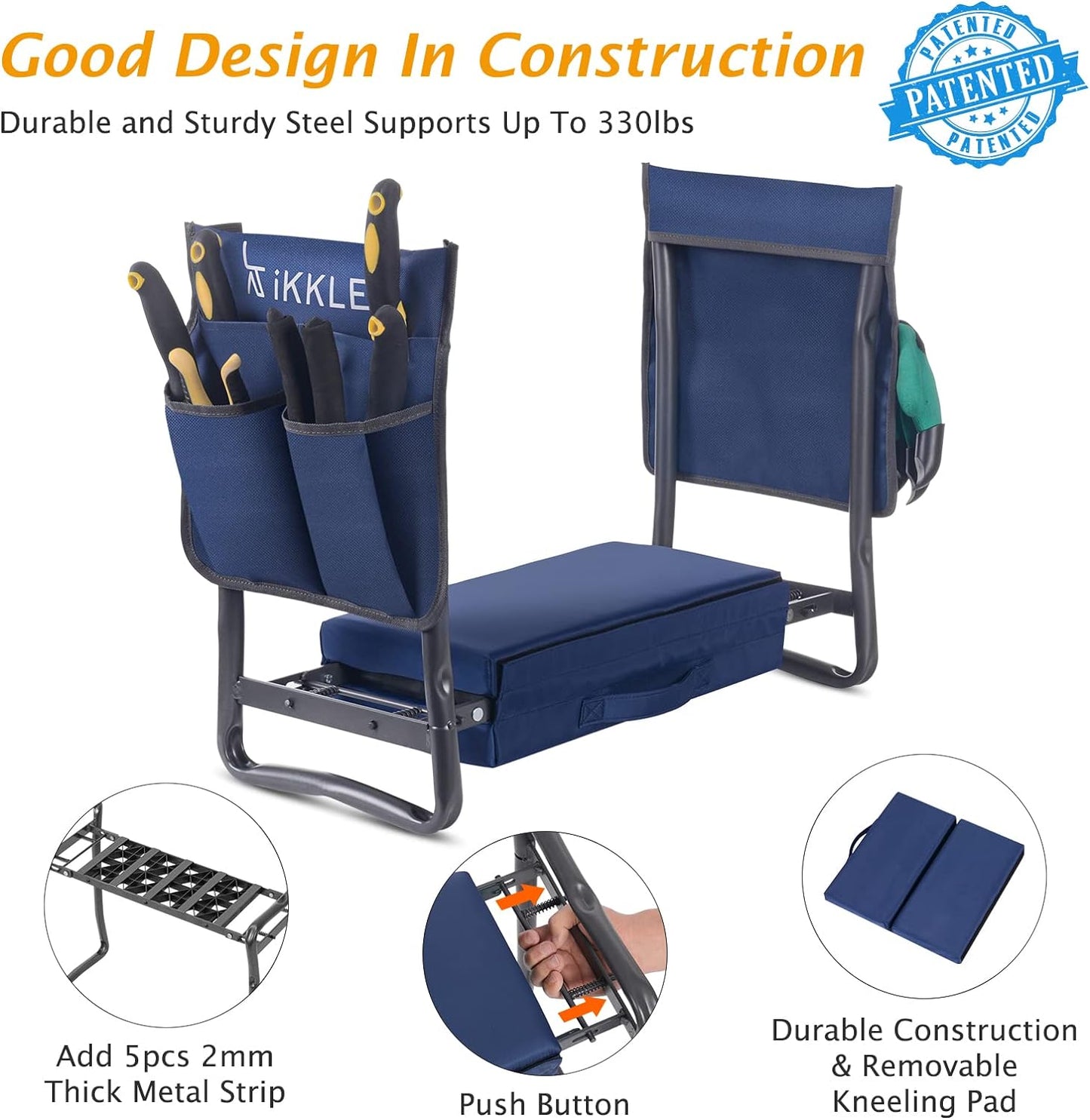 Heavy Duty Garden Kneeler and Seat with Soft Pad and Tool Pouches