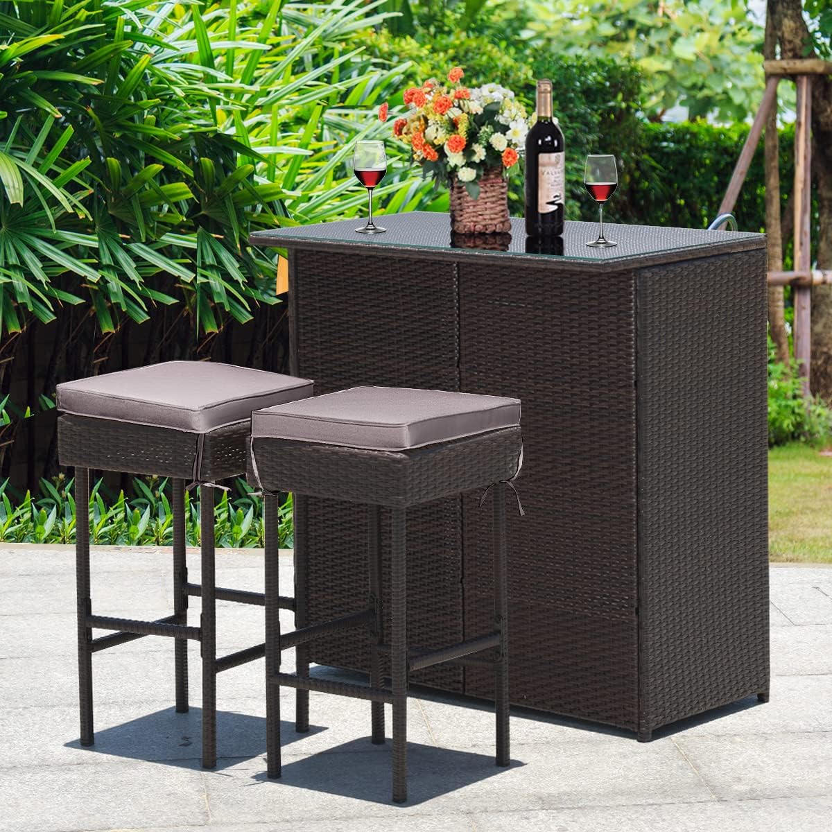3 Piece Outdoor Rattan Bar Set with Glass Table Stools and Removable Cushions